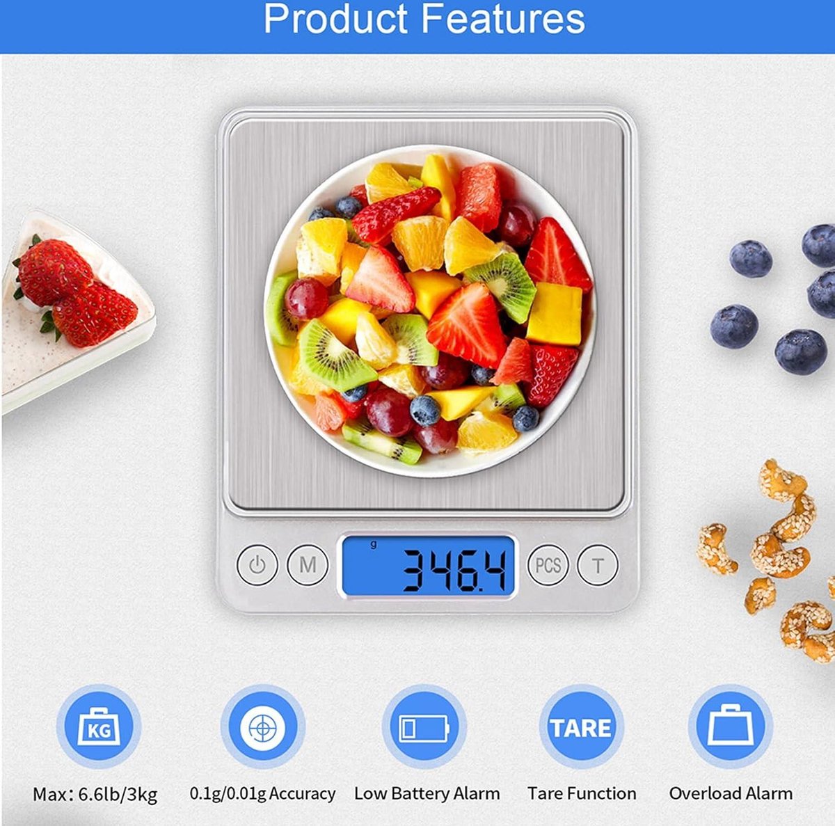 Digital Kitchen Scale - Kitchen Scale 3kg-0.1g Pocket Food Scale Gram and oz for Weight Loss Cooking Baking Jewelry - High Precision Gram Scale with 6 Units Coffee Scale - 2 Trays LCD Tare