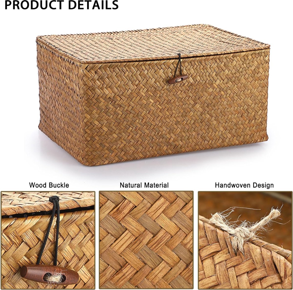 Seagrass Storage Basket with Lid Woven Wicker Basket Desk Basket Rectangular Bathroom Storage Box, Living Room Decorative Under Shelf Basket Multifunctional Storage Basket (XL,