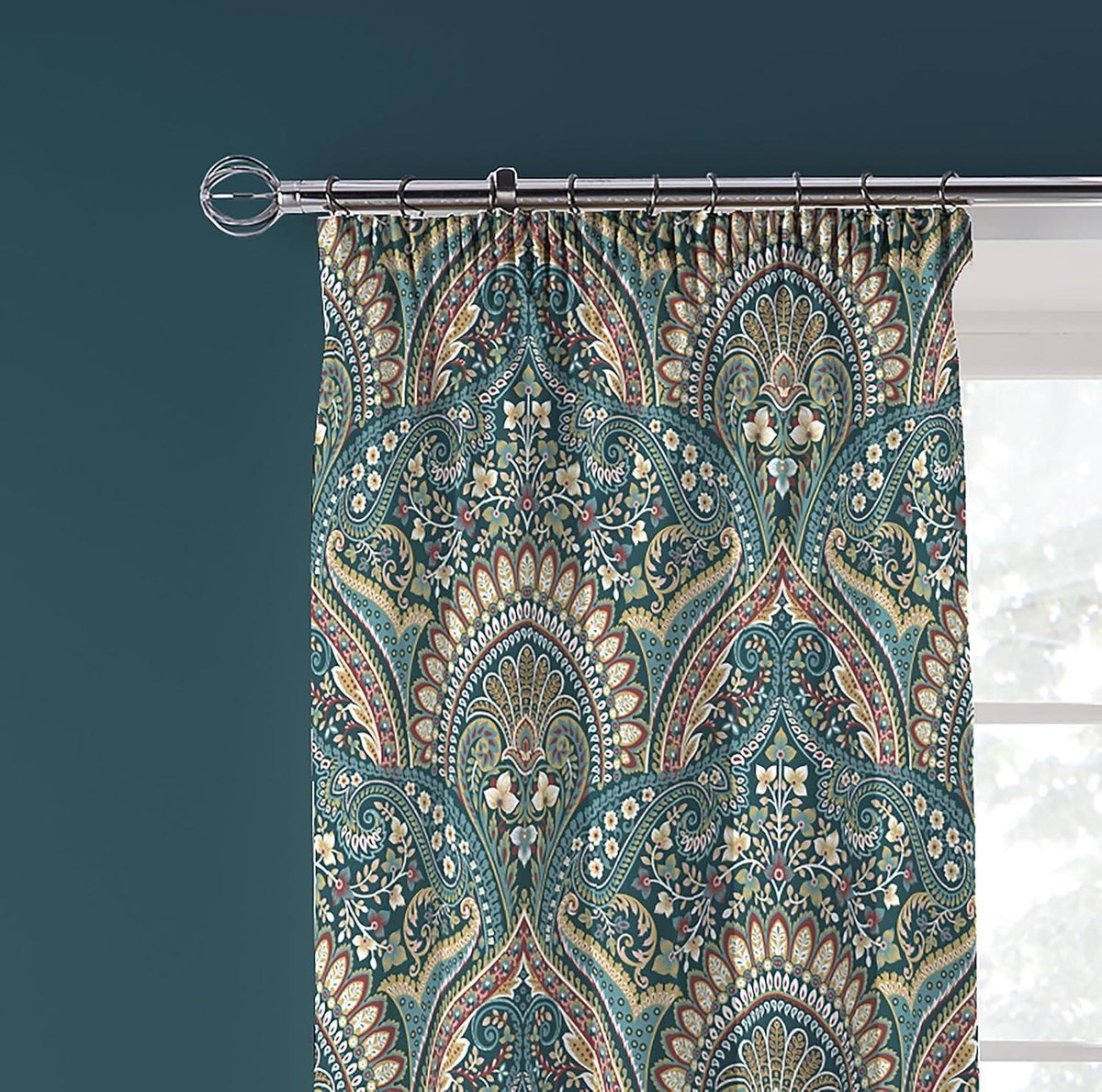 Green Blue Jacobean Curtains - W 66 x L 72 (168 x 183cm) - 2x Tie Backs - Floral - Exotic Pleated Curtains - Moroccan Bohemian - Blue Blue Damask Curtains