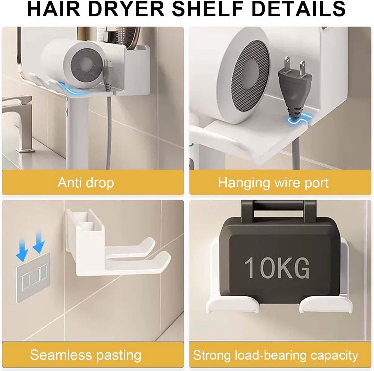Hairdryer holder, no-drill wall mount, 304 stainless steel hairdryer wall mount, hairdryer holder with compartments, storage and cable holder, hairdryer stand for most hairdryers