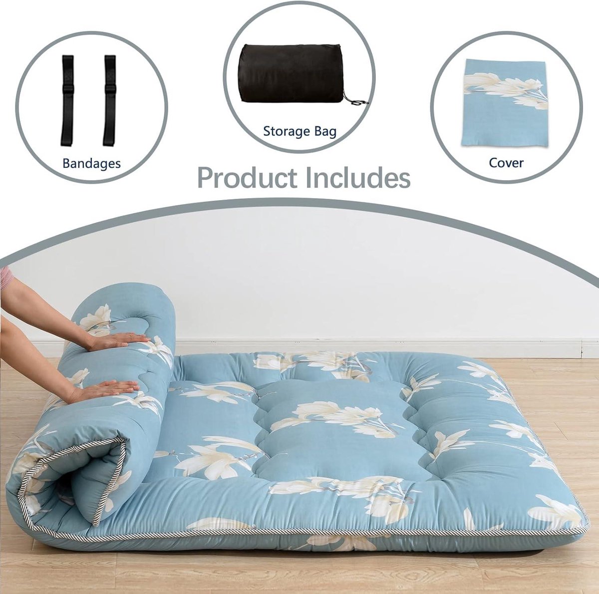 YOSHOOT Magnolia Futon Mattress for 1 Person - Foldable Japanese Floor Bed - Portable Camping Mattress - Roll-Up for Lounger Sofa - 150 x 200 cm Foldable Mattress