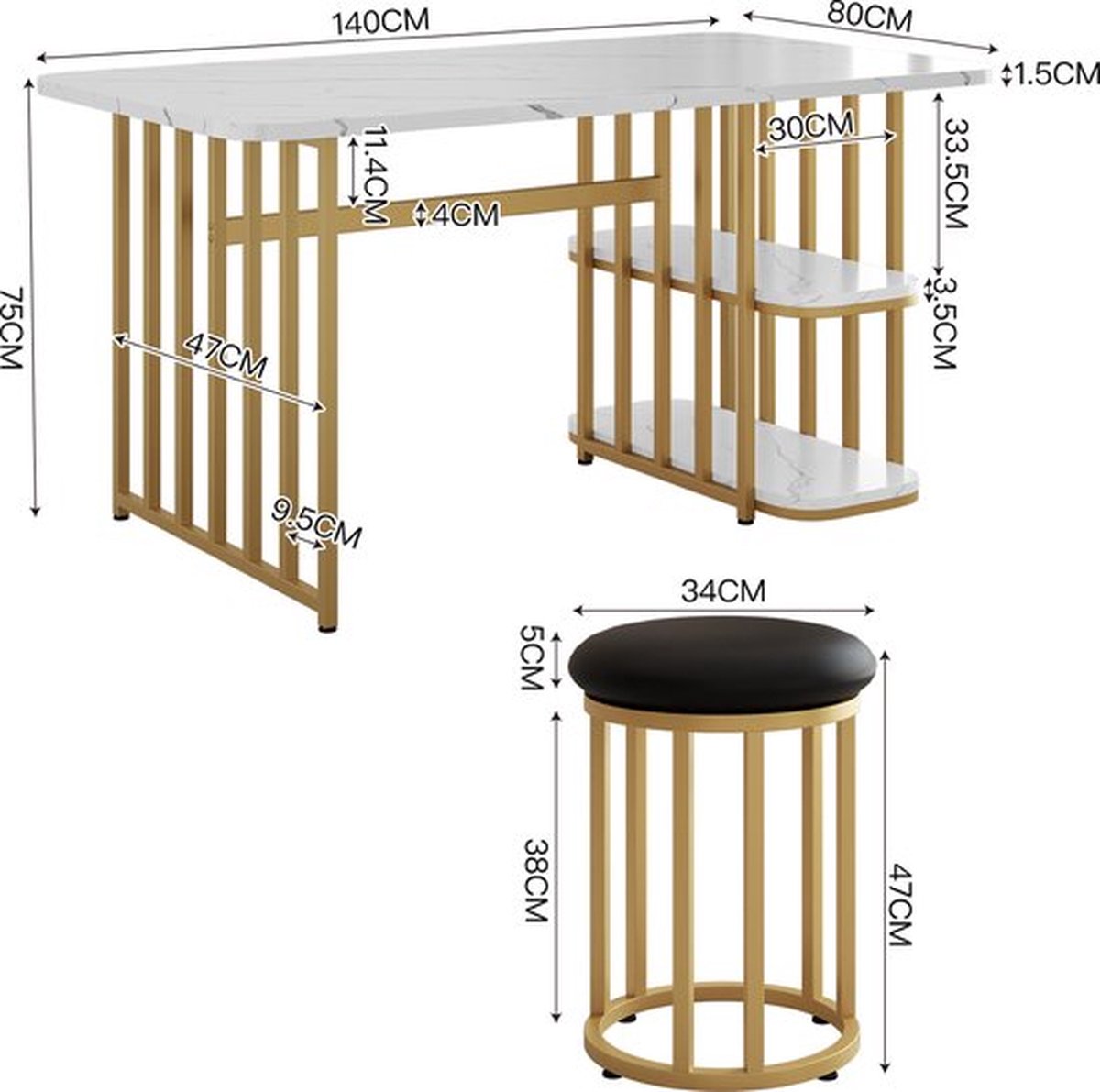140*80*75cm moderne eettafel, Eettafelset (met eettafel, 4 stoelen), keukentafelset met stalen frame, eettafel met opbergruimte, rechthoekige eettafel, eetkamerstoelen, wit en goud