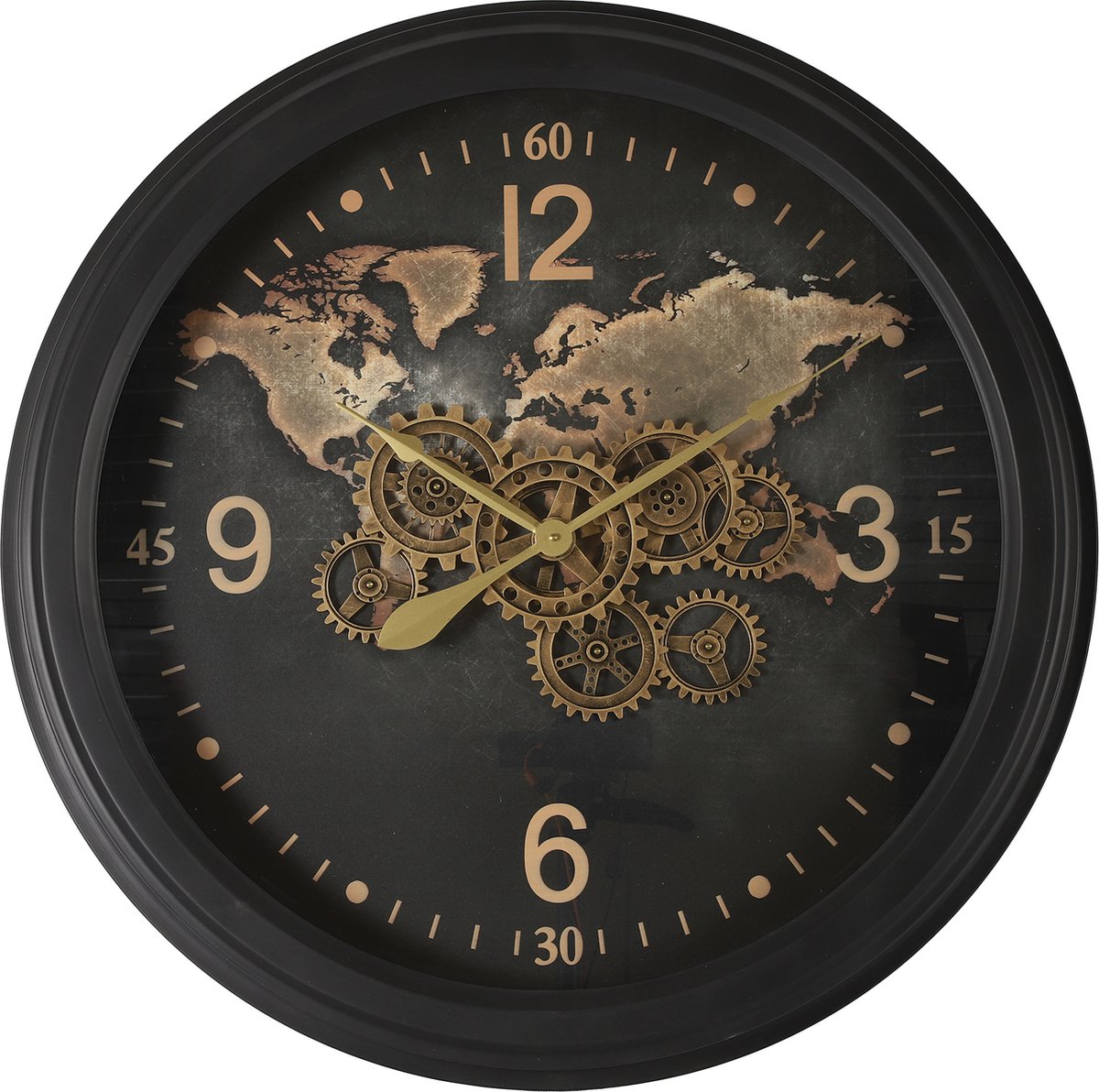 World Clock Carta - industriële wandklok - klok met tandwielen - zwart metaal 80 cm