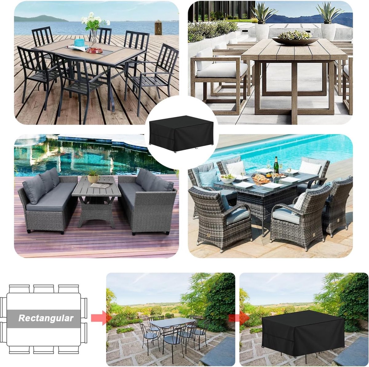 Tuinmeubelhoezen waterdicht, outdoor, winterbestendig afdekzeil voor tuinmeubelen, 420D Oxford beschermhoes voor tuintafel zitgroep rechthoekig 250 x 180 x 100 cm