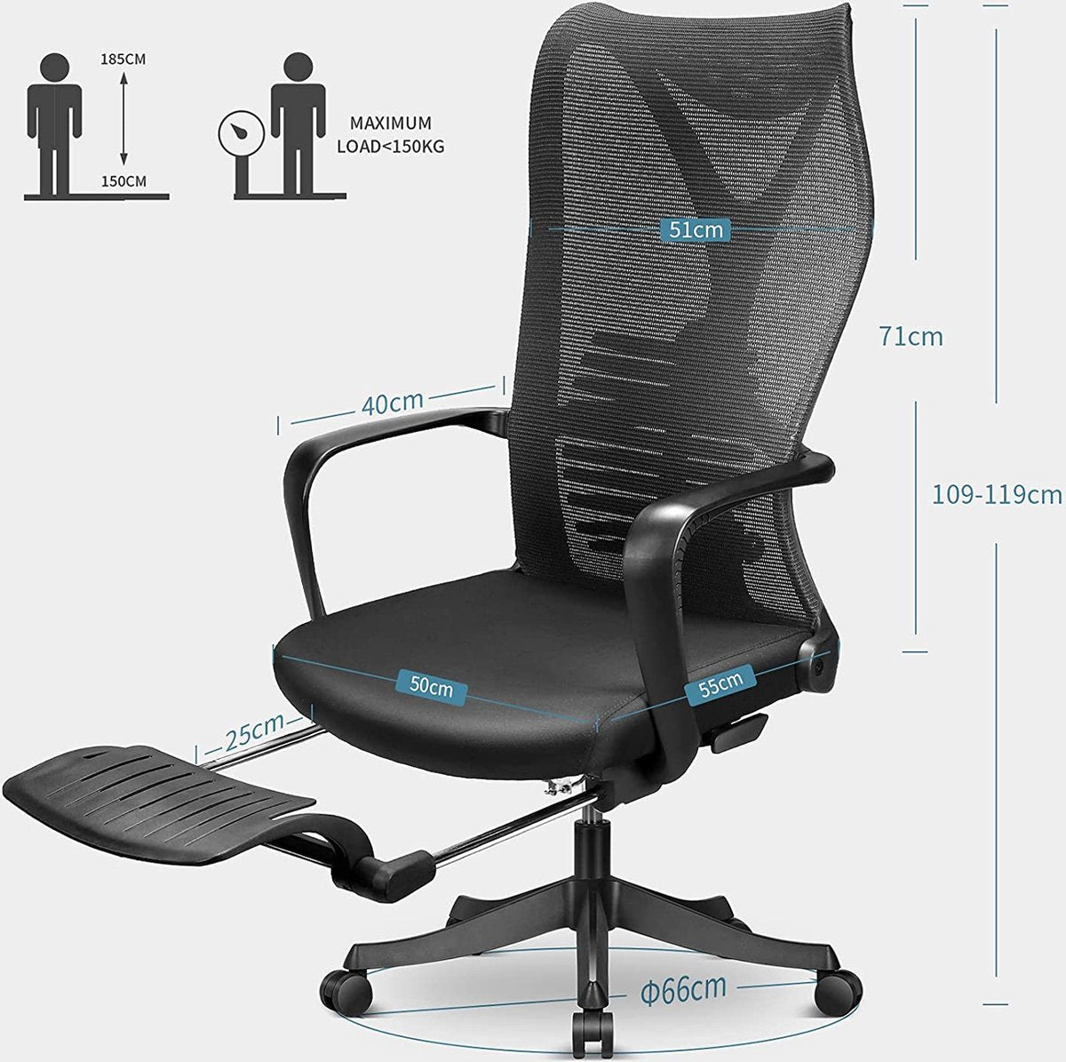 Mfavour ® Ergonomic Office Chair with Footrest, Office Chair, Ergonomic Desk Chair with Adjustable Lumbar Support, Armrest and 170° Reclining Backrest - up to 150 kg – Black