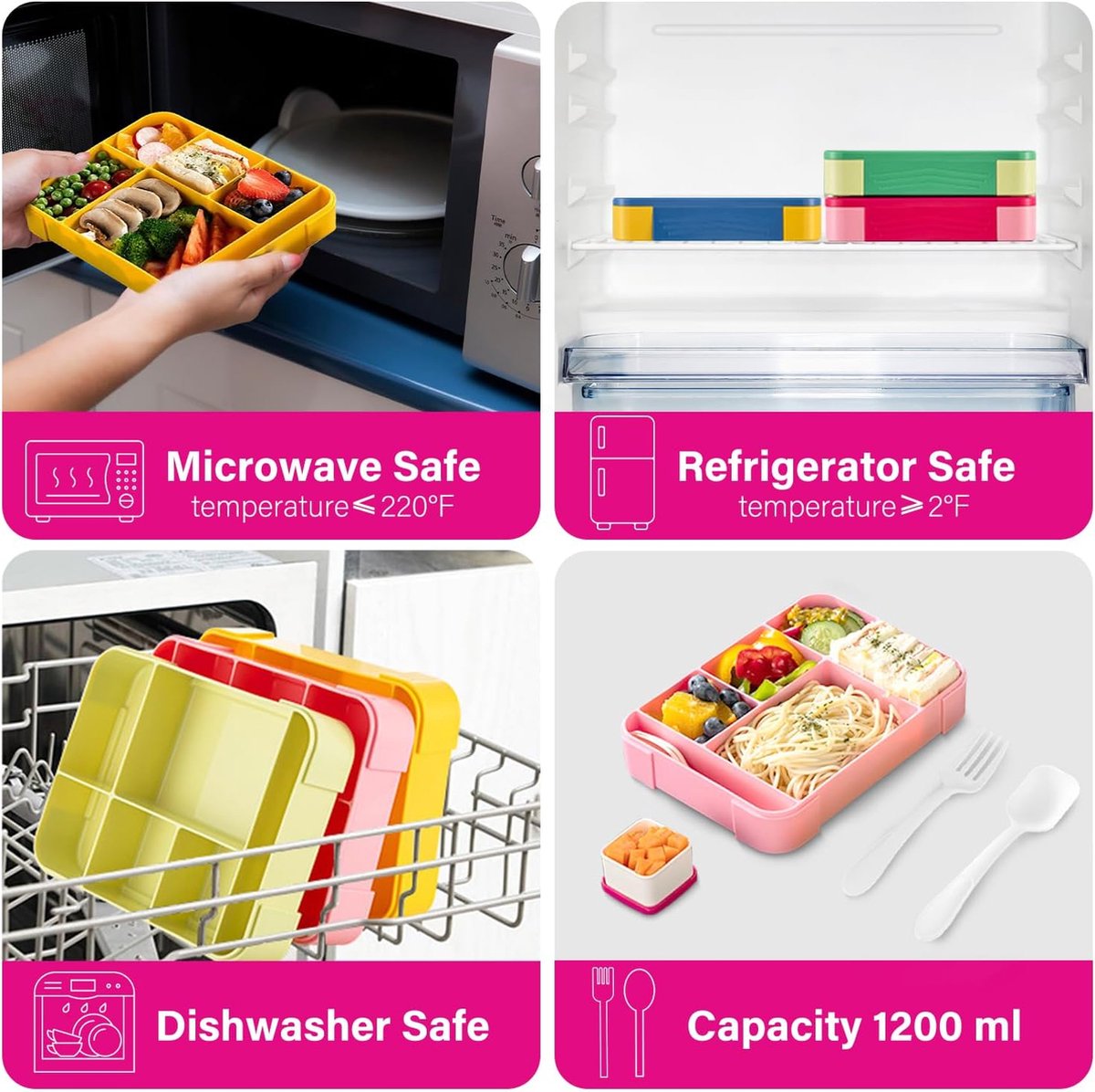 Lunchbox, 1300 ml, lekvrij, broodtrommel voor kinderen met 5 vakken en bestekset, BPA-vrije lunchbox, broodtrommel voor kinderen en volwassenen, voor magnetron, vaatwasser (roze)