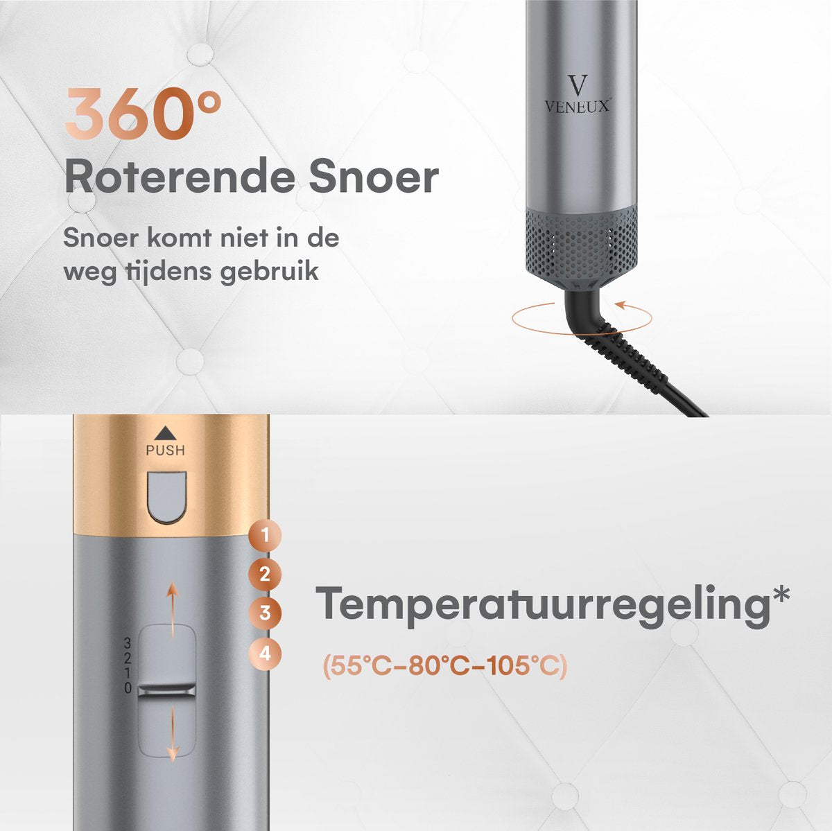 VENEUX® Föhnborstel - Airstyler - Krulborstel - Krultangen - 5-in-1 Multistyler - Met Opbergcase - Grijs met Goud