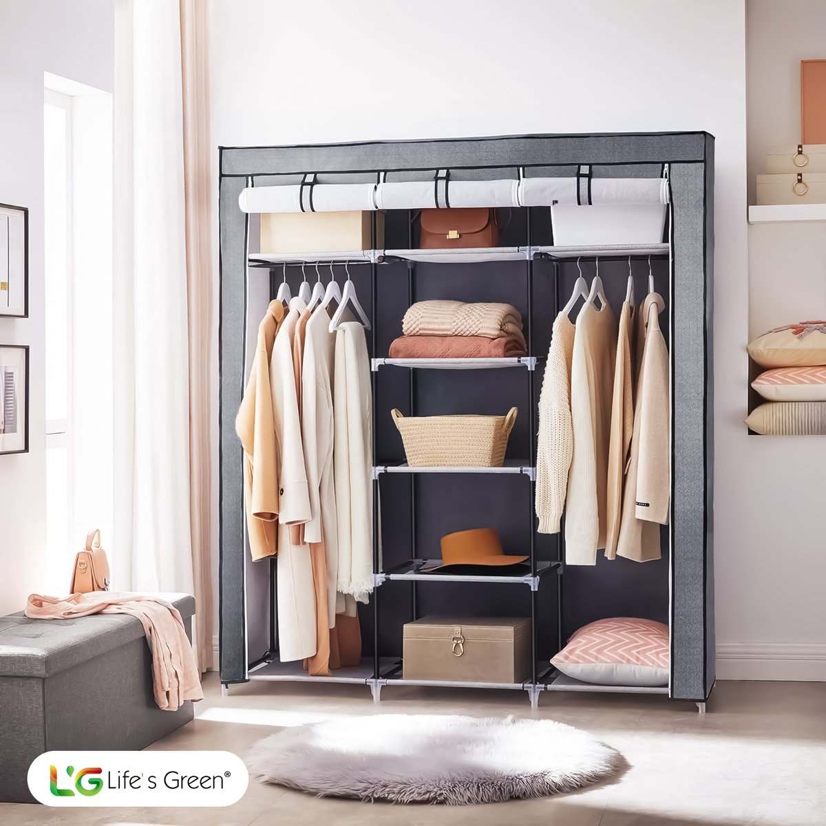 Life's Green® XXL Opvouwbare Kledingkast - Campingkast - Opvouwbare - Opbergkast - Stoffen - Grijs