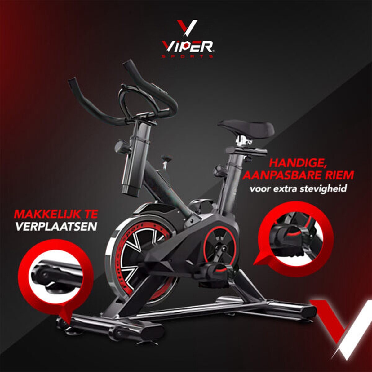 Viper Sports Hometrainer fiets – Hometrainer Fitness - Professionele indoor bike met lage instap – Hoge Stabiliteit – V-snaar aandrijving – Tot 175cm en 150kg – Zwart/Rood