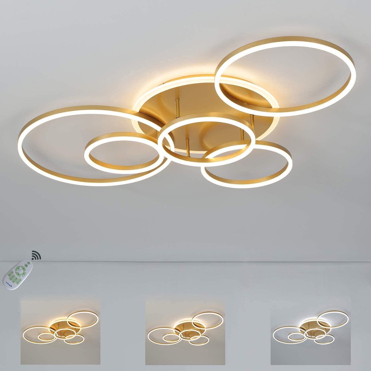 Dimbare Led Plafondlamp met Afstandsbediening - 6 Ringen - 108 Watt - 3300 lumen - Energieklasse A++ - Design - Goud - Wit - Plafonnière - Modern - Ledlamp - Woonkamer - Kamer - Eetkamer - Eettafel - Keuken - Slaapkamer - Café - Restaurant - Horeca