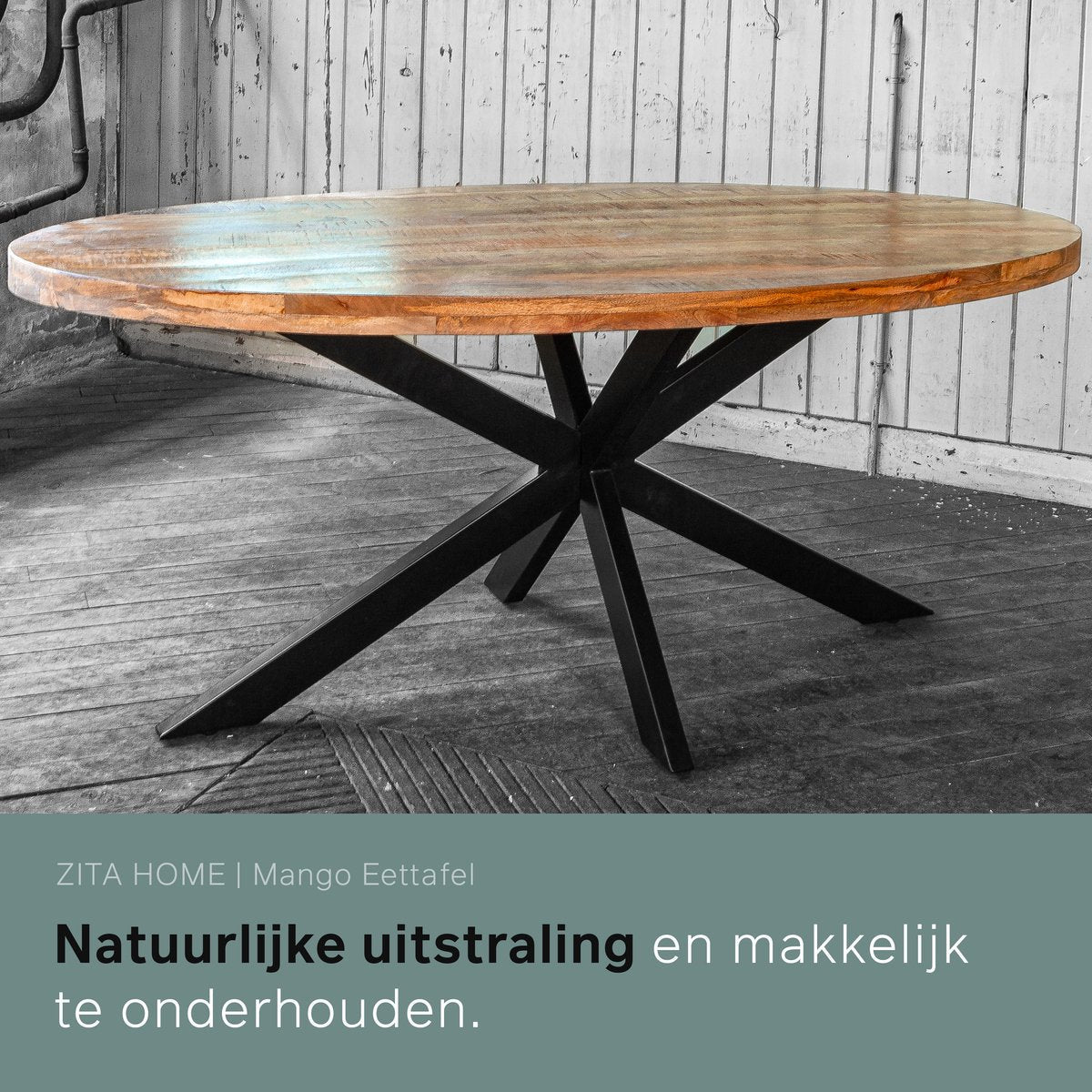 Eettafel Thom - ovaal - 190 x 100 cm - bruin mangohout zwarte matrixpoot van metaal - Dik Blad