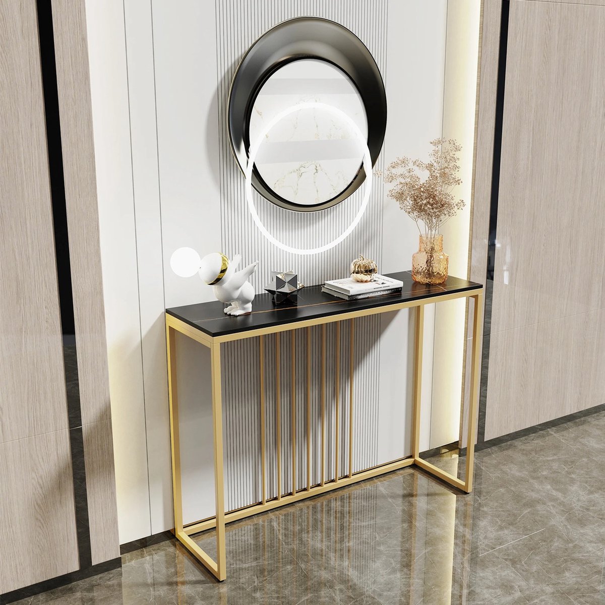 J&R Luxe sidetable - Muurtafel - Wandtafel - Bijzettafel - Console tafel - Wandbureau - Kaptafel - Bartafel - Zwart marmer blad - Goud frame - 100 x 300 x 78.5cm - Wit