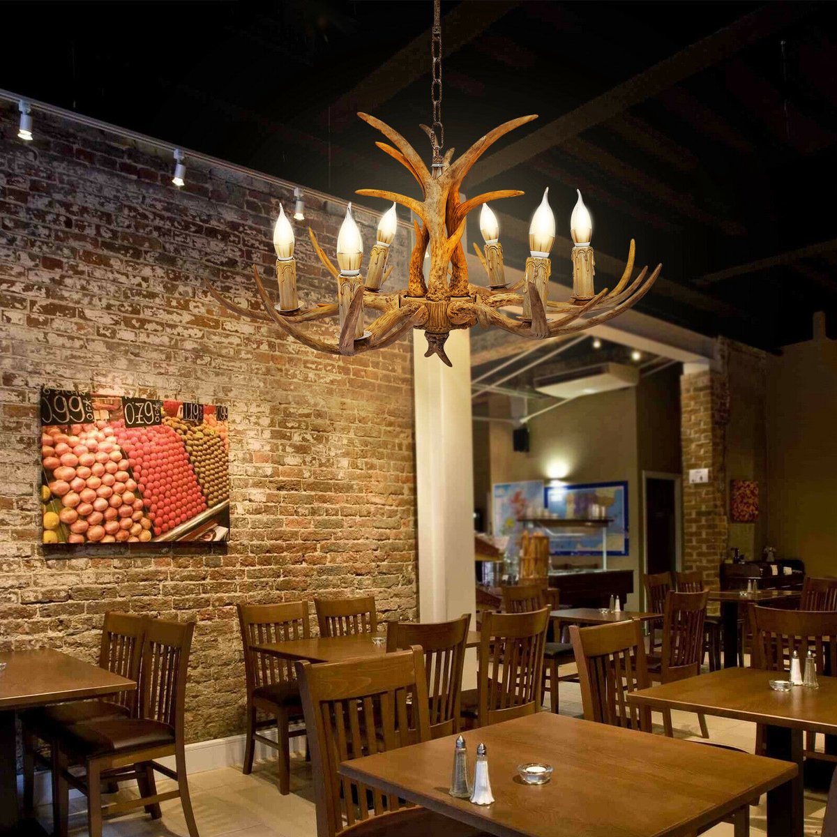 Wooden Chandelier - 6 Arm Wooden Chandelier - Deer Horn Style - 75 cm - Pendant Light - Living Room Lamp - Modern Lamp