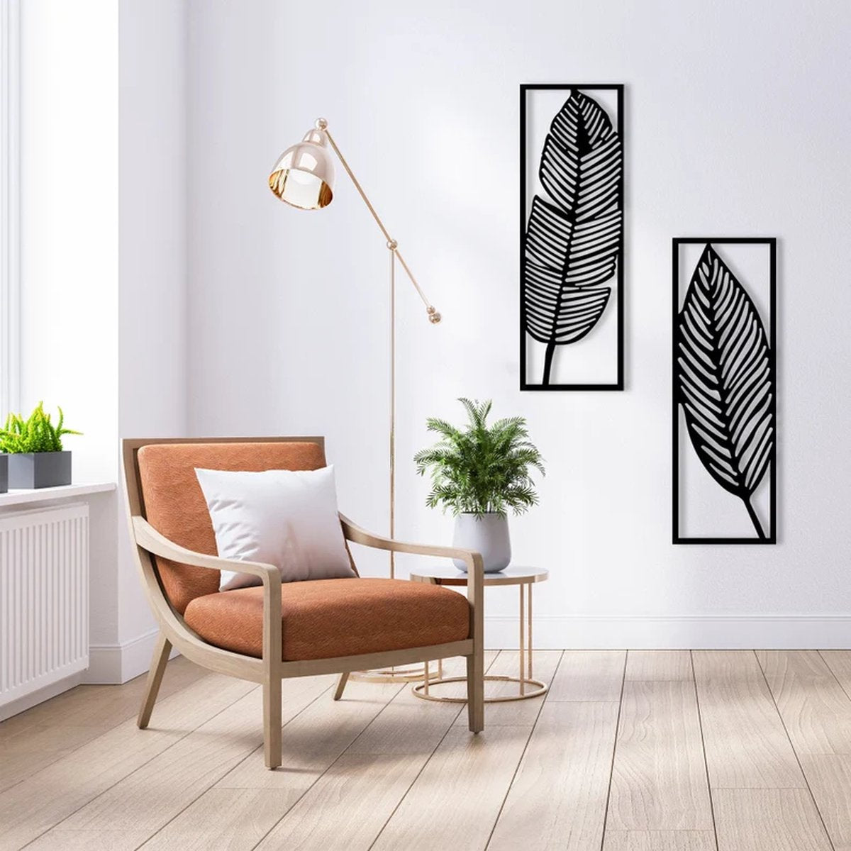 2 stuks XL bladeren moderne deco muurdecoratie - Wanddecoratie - Zwart - art - Muurdecoratie - Line art - Wall art - Bohemian - Wandborden - Woonkamer - 75x65cm
