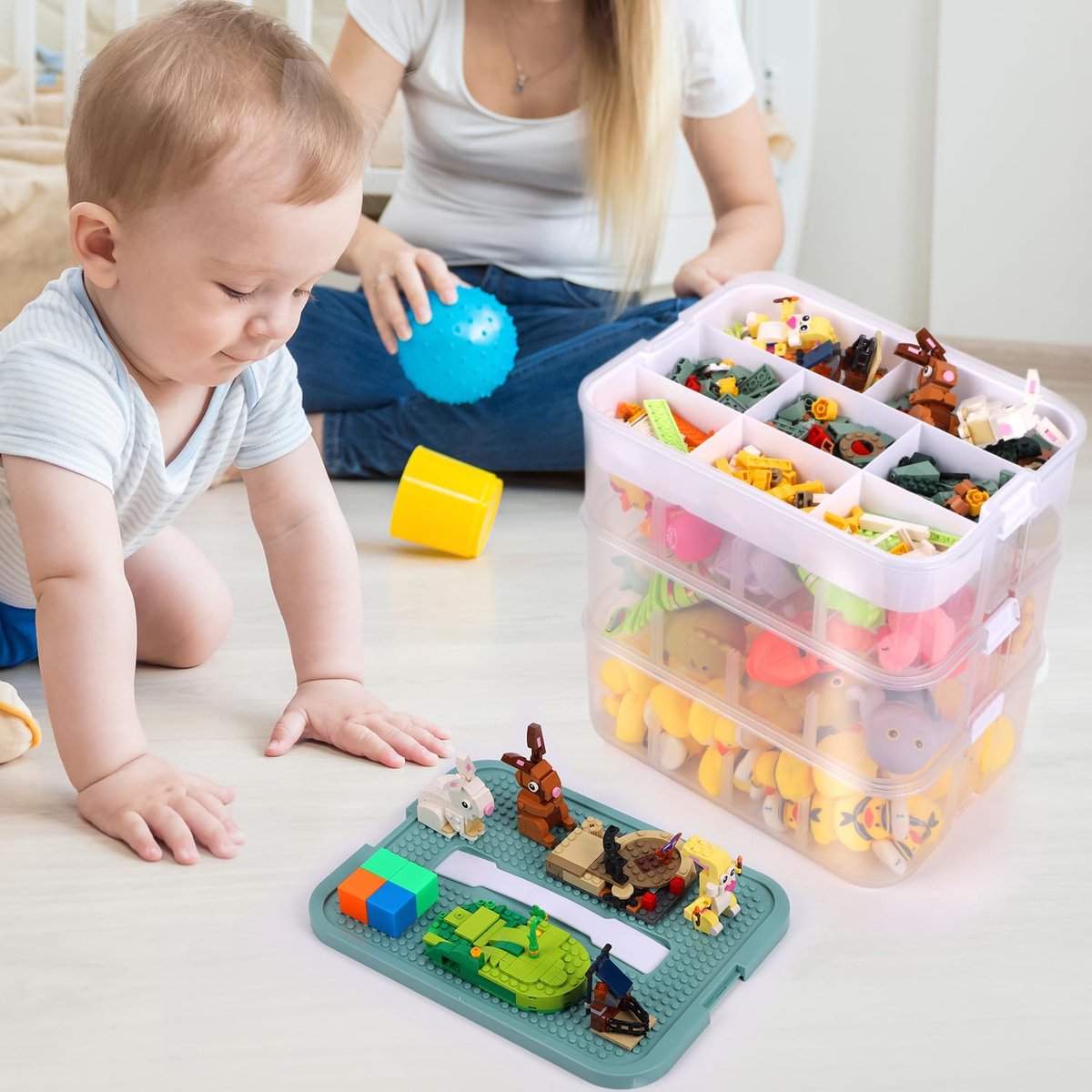 Opbergdoos voor speelgoed, organizer voor Lego, 3-laags, stapelbaar, bouwstenen-container, onderverdeeld, baksteen, puzzel-sorteerder, speelgoedsorteerdoos, opbergcontainer (olijfgroen)