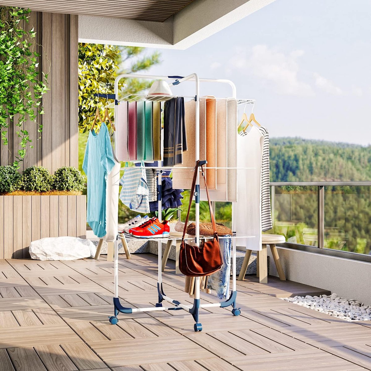 Clothes Dryer Tower, foldable and space-saving, 3 tiers, 6 foldable wings, rollable and stable, mobile tower clothes dryer, drying rack for large families indoor and outdoor, White and Blue