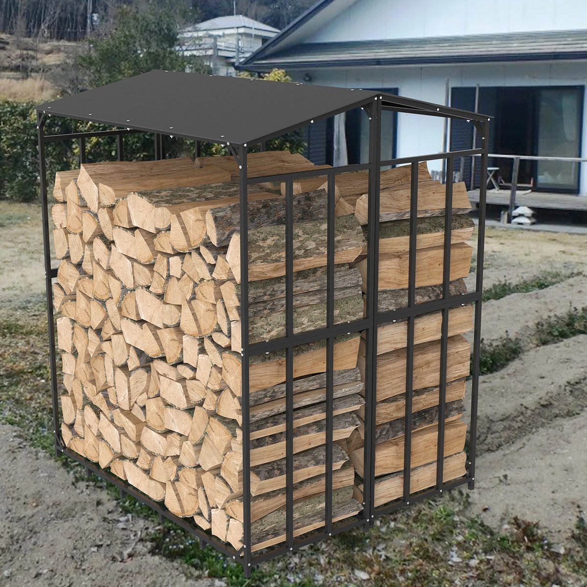 Haardhoutrek - Haardhout rek - Brandhout rek - Openhaard Hout - Houtopslag - Extra groot rek met dak - 156.5 cm x 60 cm x 168.5 cm - Met Waterdichte Hoes - Voor Haard Tuin