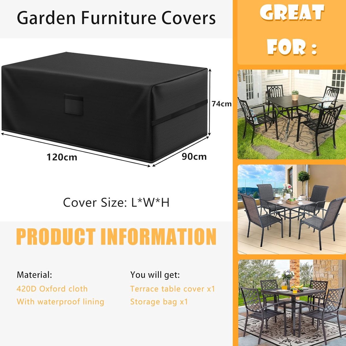Garden furniture covers, waterproof cover for patio furniture, 120 x 90 x 74 cm, 420D heavy duty Oxford fabric, rattan furniture cover, windproof, anti-UV, for patio, outdoor, grey
