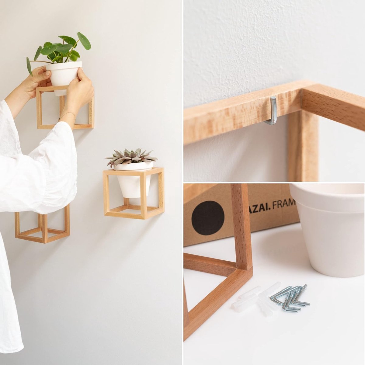Wall vases - for wallflowers, small wall plants, wall flower - Hanging flower pots in real wooden frame - 3-piece set of ceramic and wood - brown - Modern wall decoration for living room
