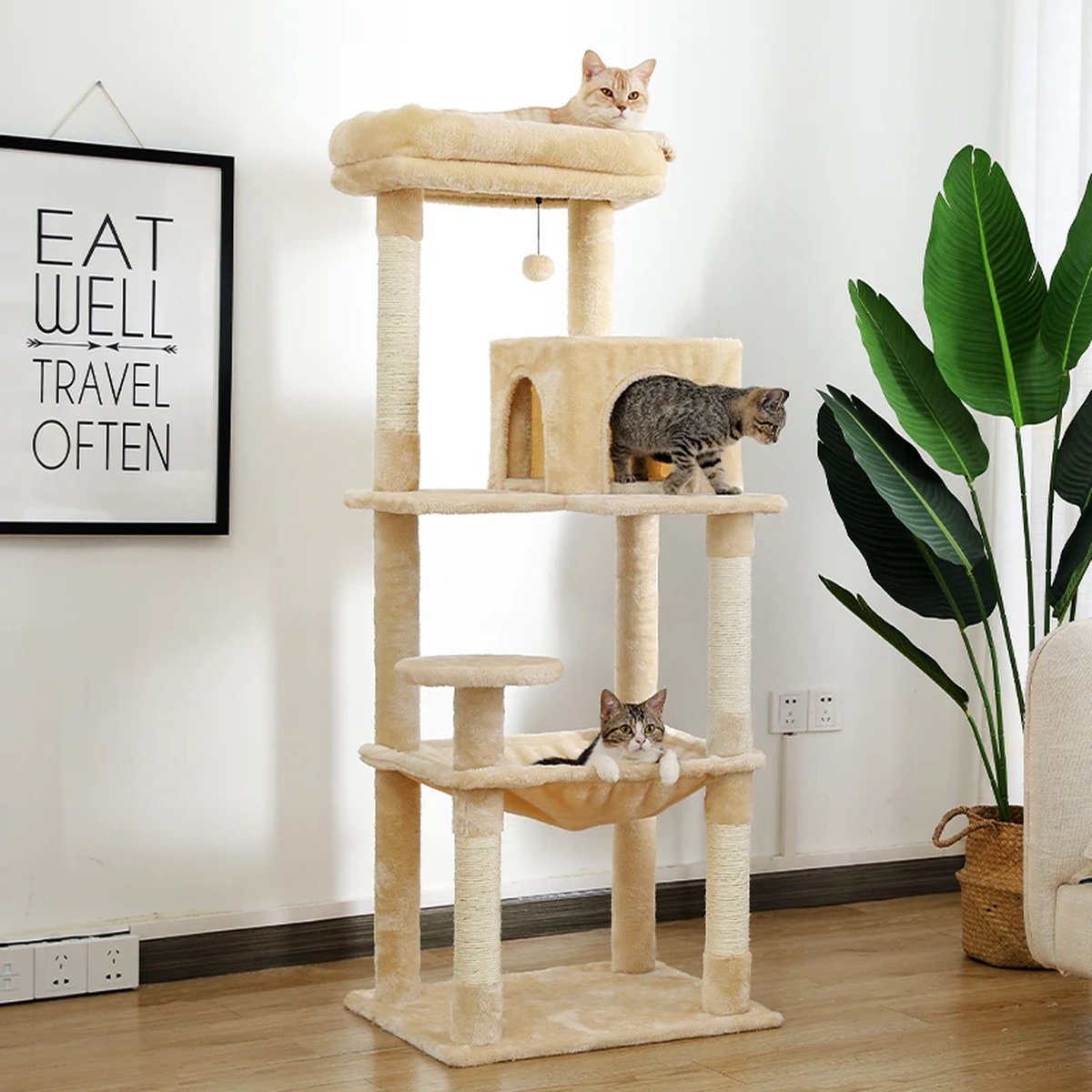 Nique Krabpaal - Krabpaal voor Grote Katten - Kattenboom met Hangmat - Kattenpaal - 143 cm - Beige