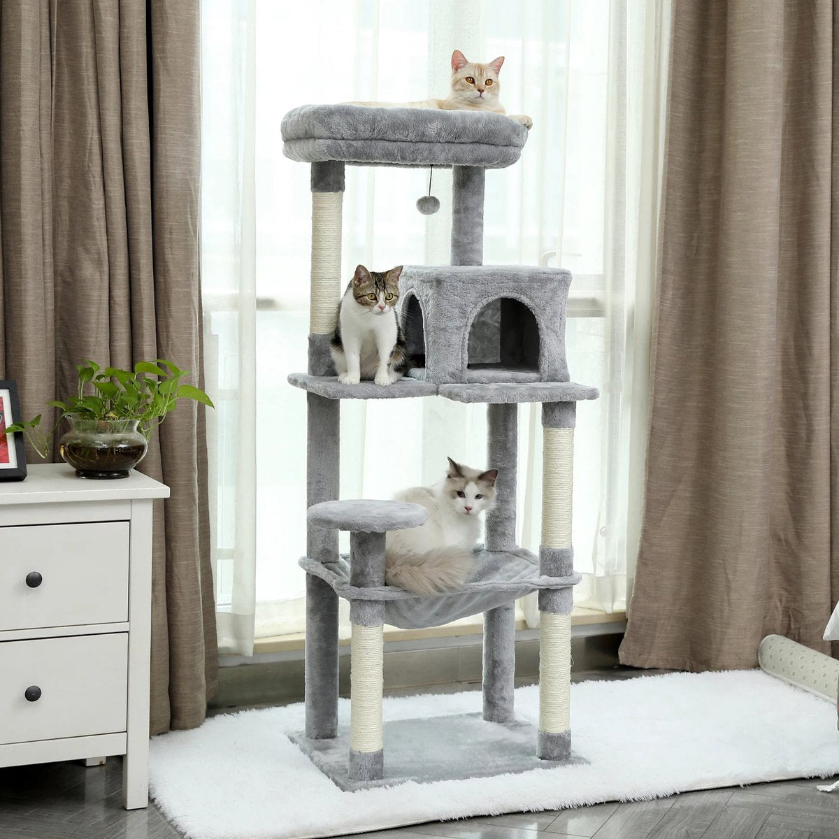 Nique Krabpaal - Krabpaal voor Grote Katten - Kattenboom met Hangmat - Kattenpaal - 143 cm - Grijs