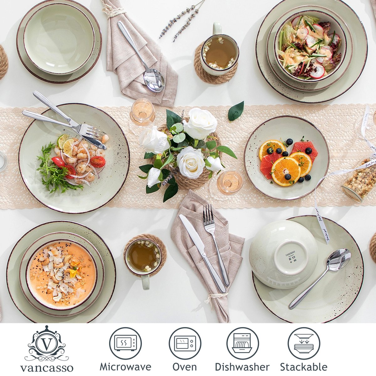 Diner set - Diner sets - 8-person dinner set - Beige - Porcelain - 32-piece dinnerware - Dinner plate - Dessert plate - Bowl - Mug