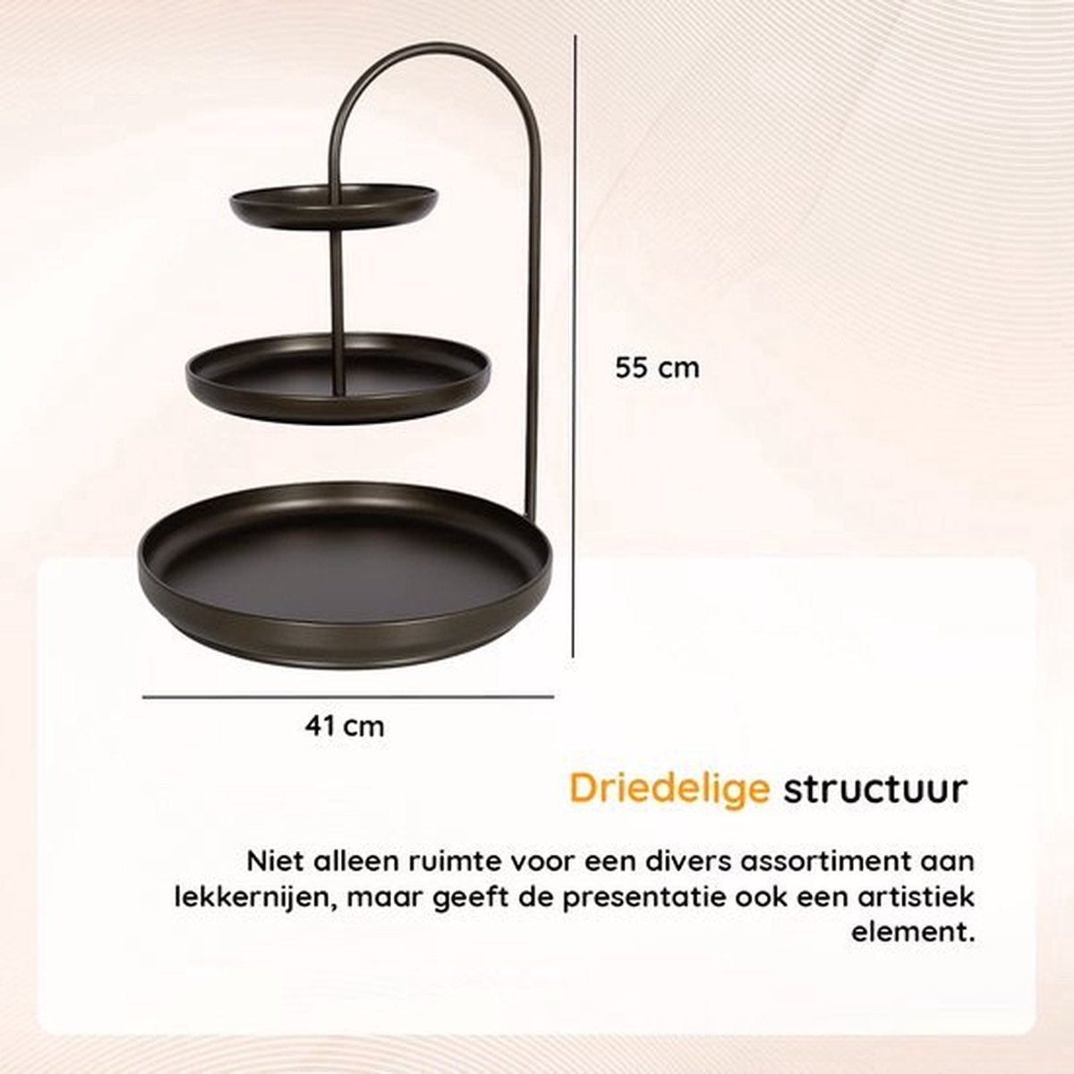 Etagère XL – 3 laags – 40 x 41 x 55 cm – Serveertoren – Serveerset – Fruitschaal – Zwart/koper – Metaal