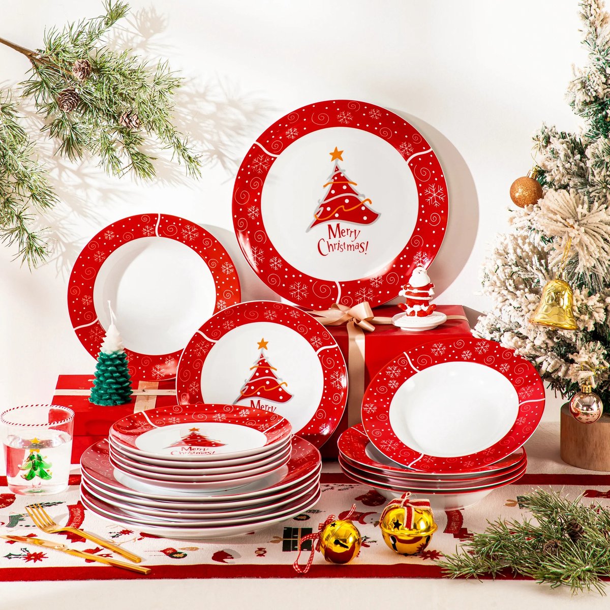 Serviesset - Serviesset 6 personen - Serviessets - Vrolijk kerstfeest - Porselein - 18-Delig Servies - Dinerbord - Dessertbord - Kom