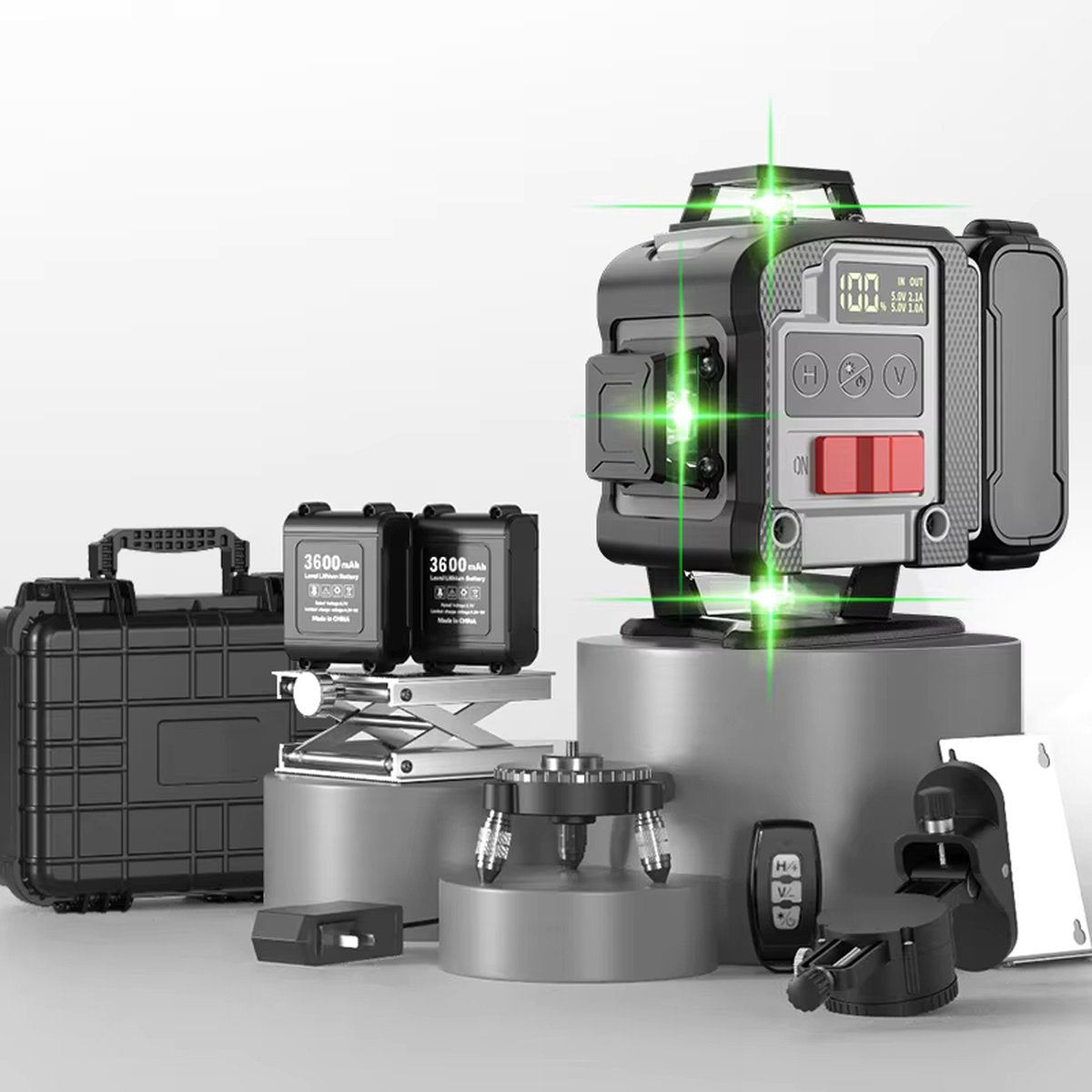 4D Cross-line laser - Incl carry case - 4 to 16 lines - Self-levelling - 50 meters range - With 2 batteries - 360° Switchable horizontal & vertical - Line laser - Cross laser - Construction laser