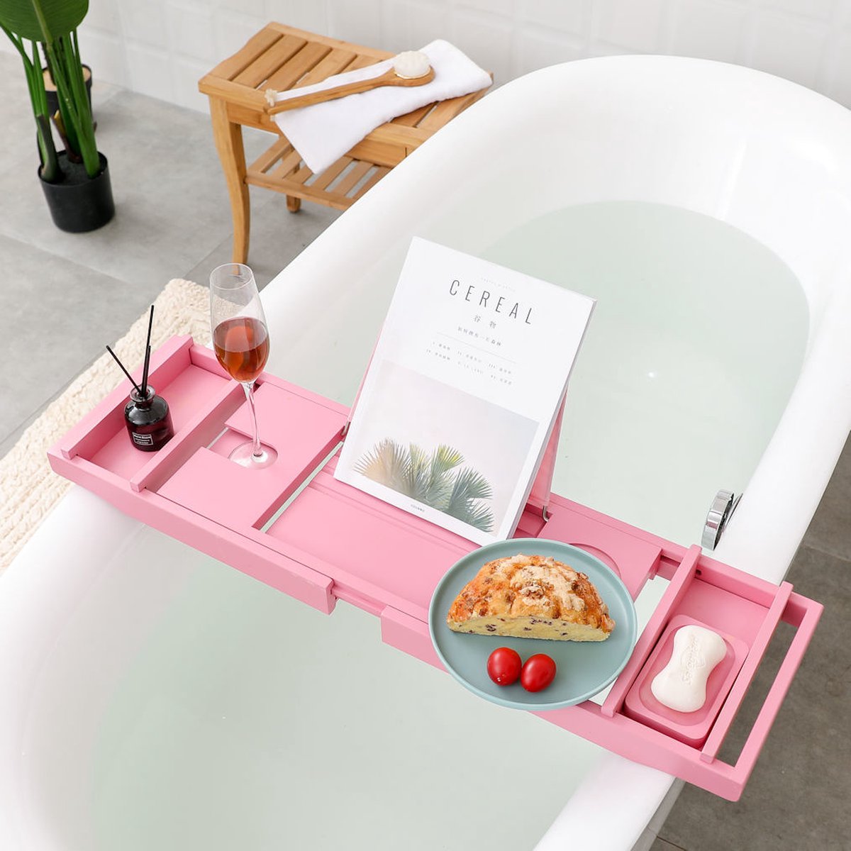 Decopatent® Badplank - Uitschuifbaar 75 -> 110 Cm - Verstelbaar Bamboe Badrekje voor in bad - Boekenhouder - Tablethouder - Roze