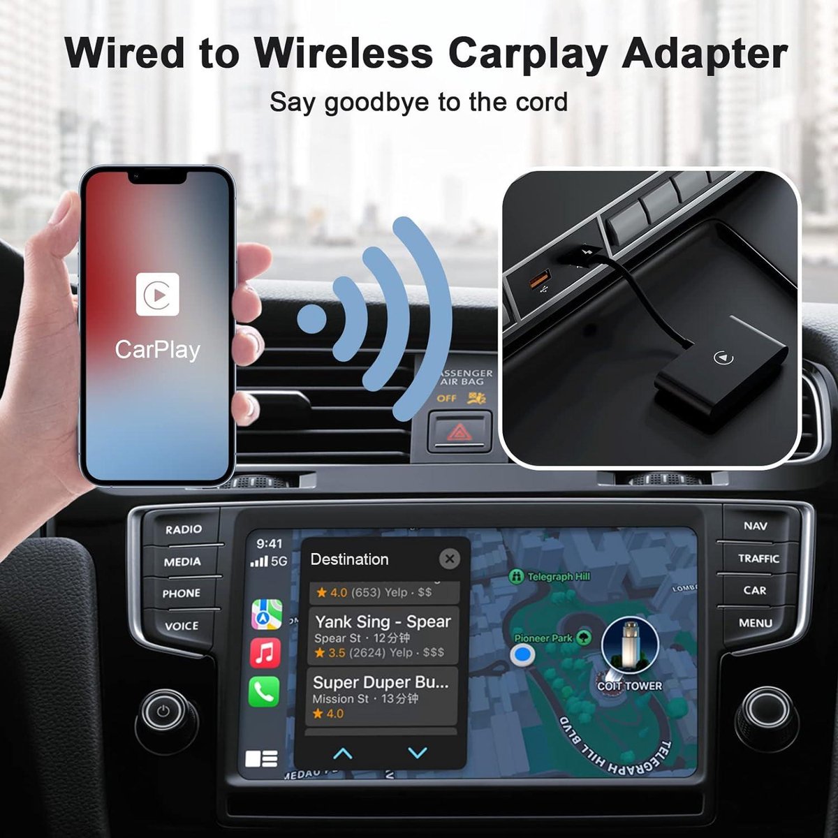 Wireless CarPlay Adapter voor iPhone - 5GHz wifi - automatisch verbinden - iOS 10+ - auto's vanaf 2017 (CarPlay 1)