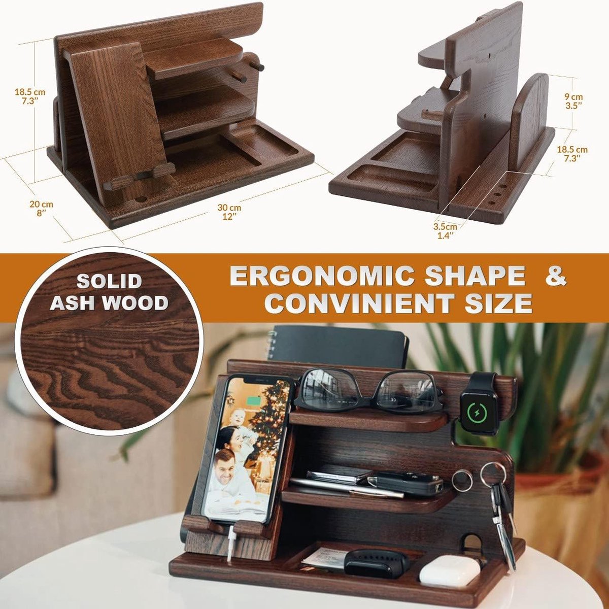 Houten telefoon dockingstation boom met sleutelhanger mannen cadeau echtgenoot vrouw jubileum vader verjaardag nachtkastje portemonnee vader afstuderen mannelijke reisidee gadgets (ambersteen)