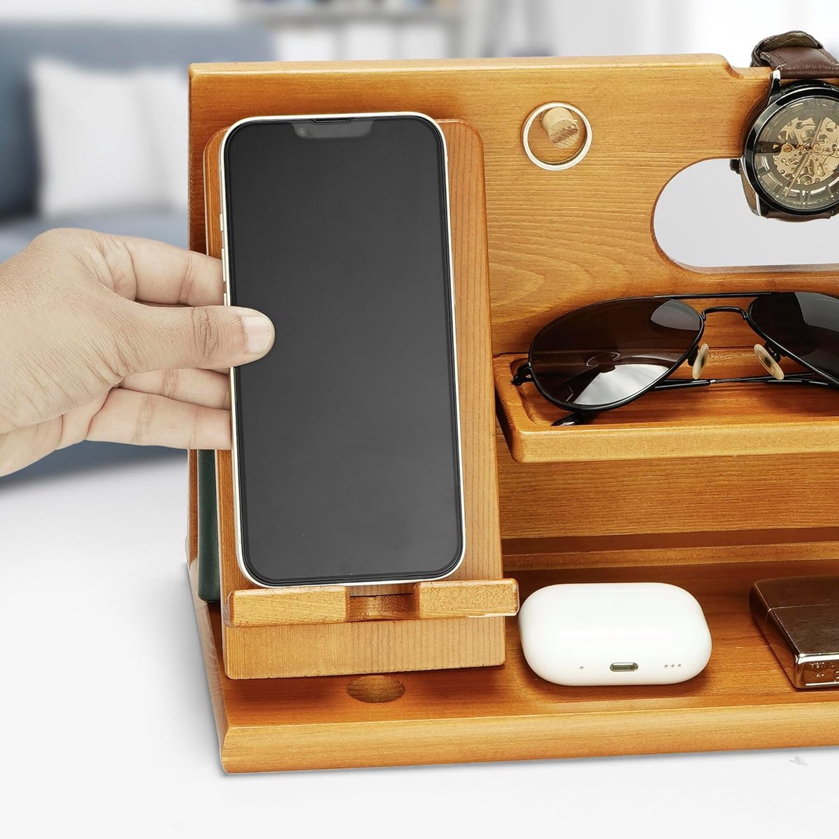 Light Brown Wooden Docking Station - Nightstand Organizer - for Storing Phone, Wallets, Watches, Gadgets and Keys - Gifts for Men - Accessories for Him/Dad