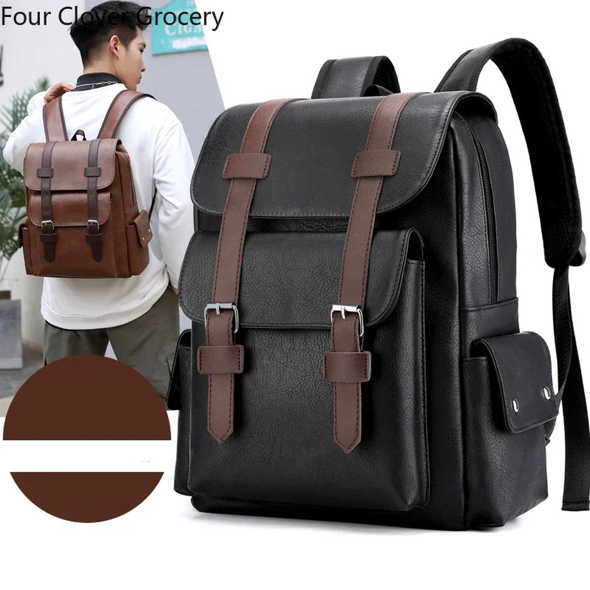 2024 Men's Backpack PU Leather Bagpack Large Laptop Backpacks Luxury Black School Bag For School Office Travel