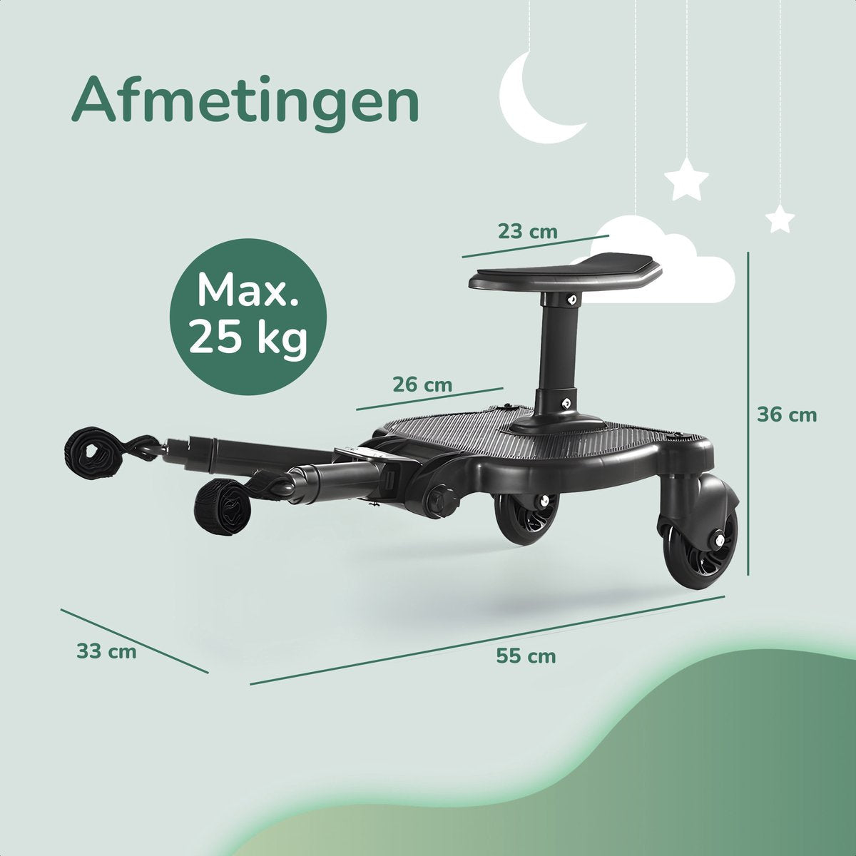 Meerijdplankje Universeel - voor Kinderwagen - met Zitje - Stroller - Baby - Buggy - Accessoires - Onderweg - Zwart - Haakje