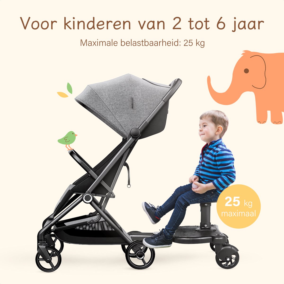 Safari Meerijdplankje Universeel - Tweewieler - Meerijdplankje met Zitje - Meerijd Plankje voor Kinderwagen - Buggy Board