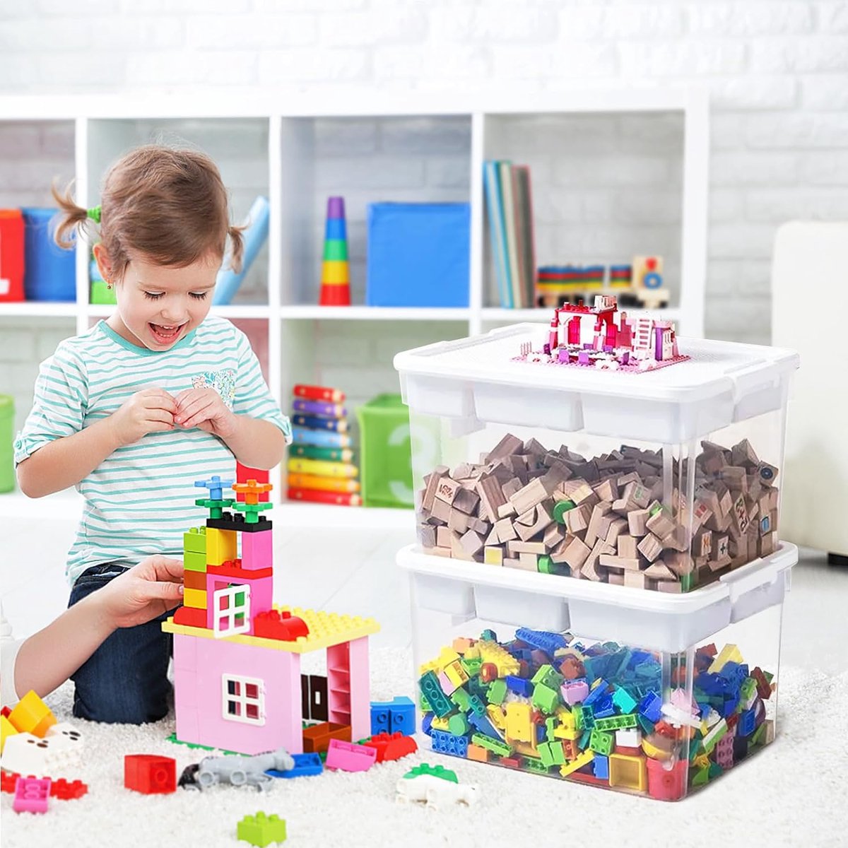 Storage box for building blocks, storage compartments, 3 pieces, stackable boxes, toy storage with lid and building plate, stacking boxes, plastic sorting boxes, organizer box for small parts, children's toy box