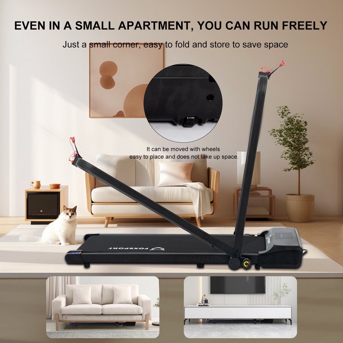 Treadmill with armrests - Foldable armrests - with wheels - walking or running - Walking band - Treadmill - Walking Pad - Adjustable speed - Installation-free - Display with training information - 1-12km/h