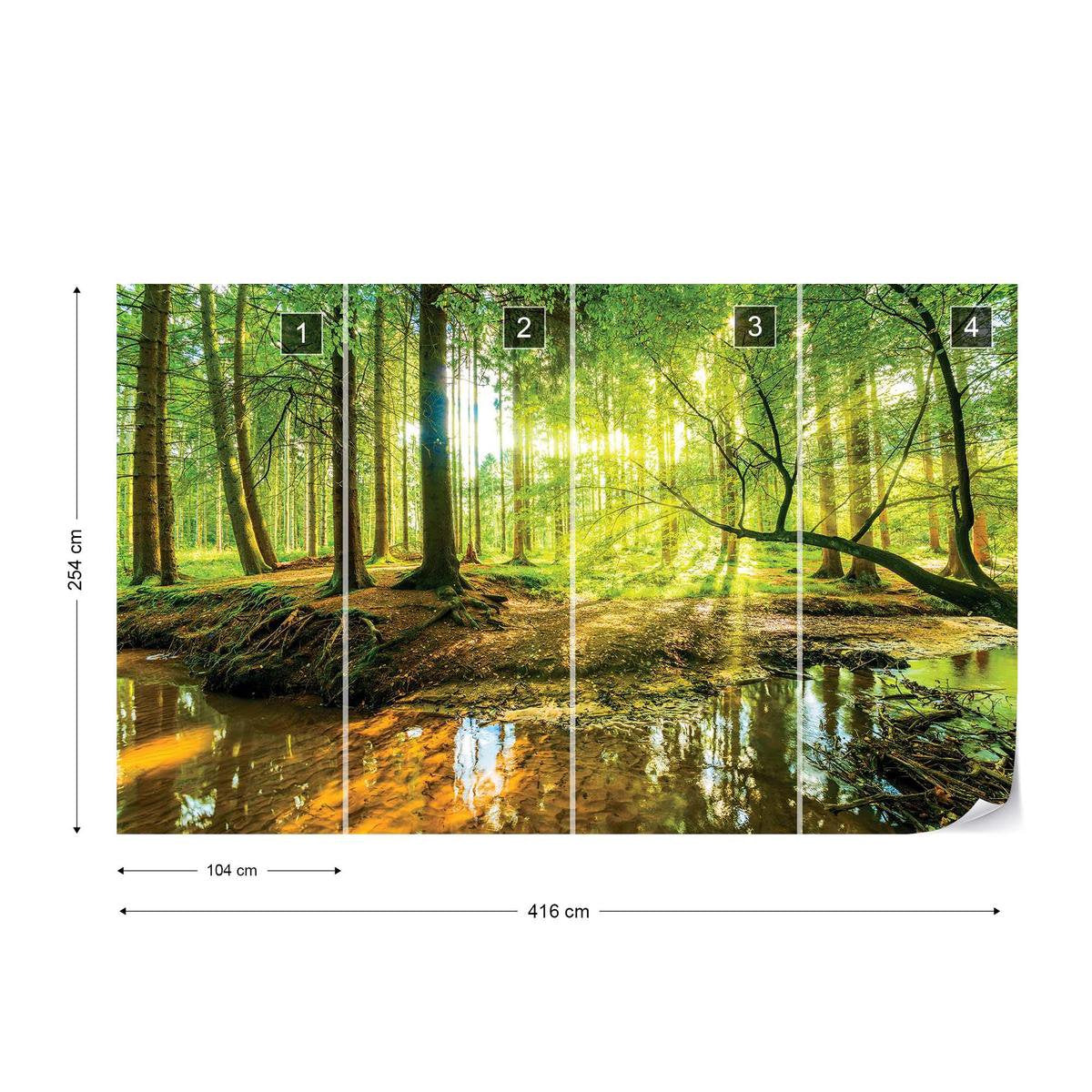 Photo Wallpaper - Sunny Forest with a Stream - Trees - Nature - Non-woven - 416 x 254 cm (4 wallpaper sheets)