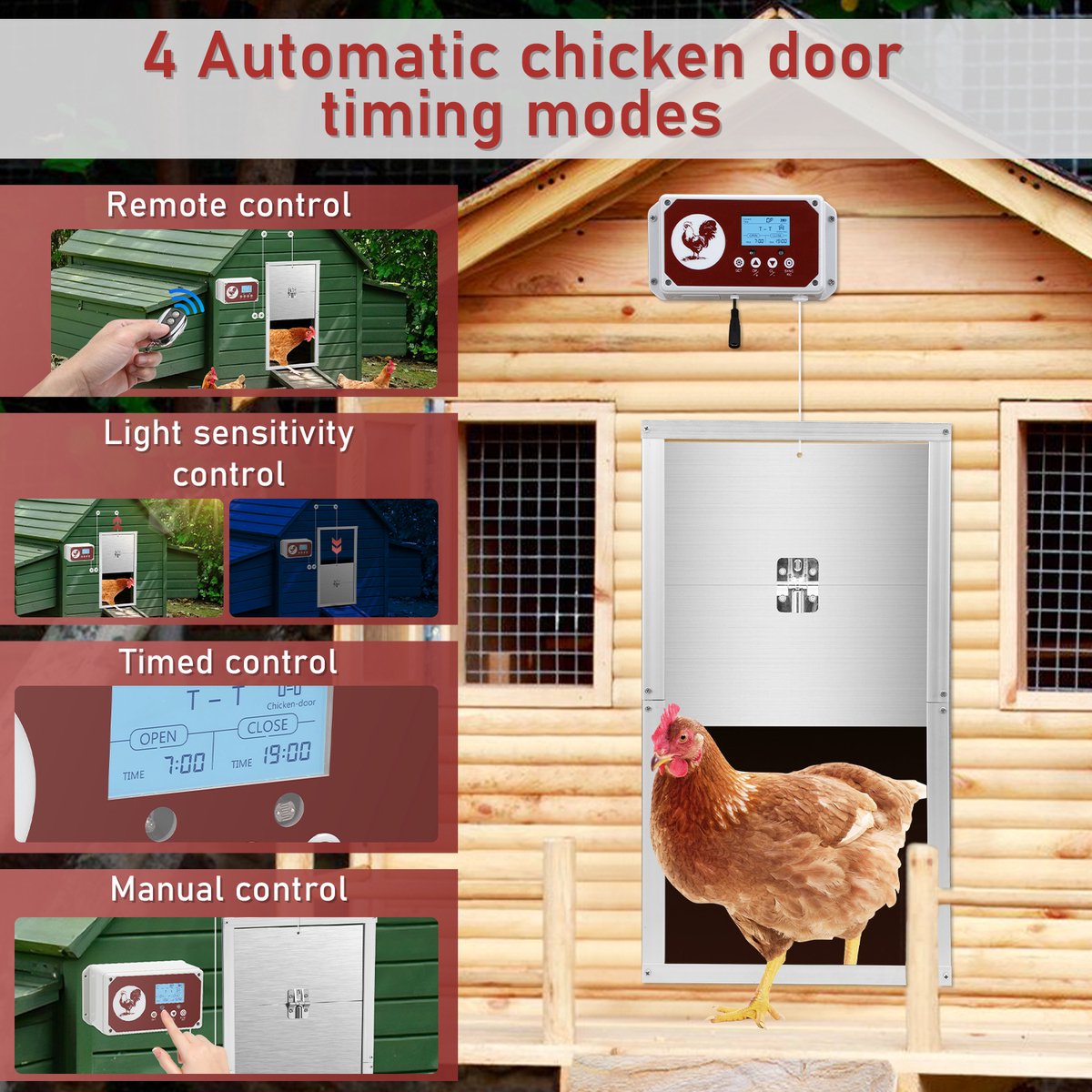 7.8W Chicken Door - Automatic Chicken Coop Door - Chicken Coop Door with Controller - Chicken Door with Timer and Light Sensor - Aluminum/30x 30 cm