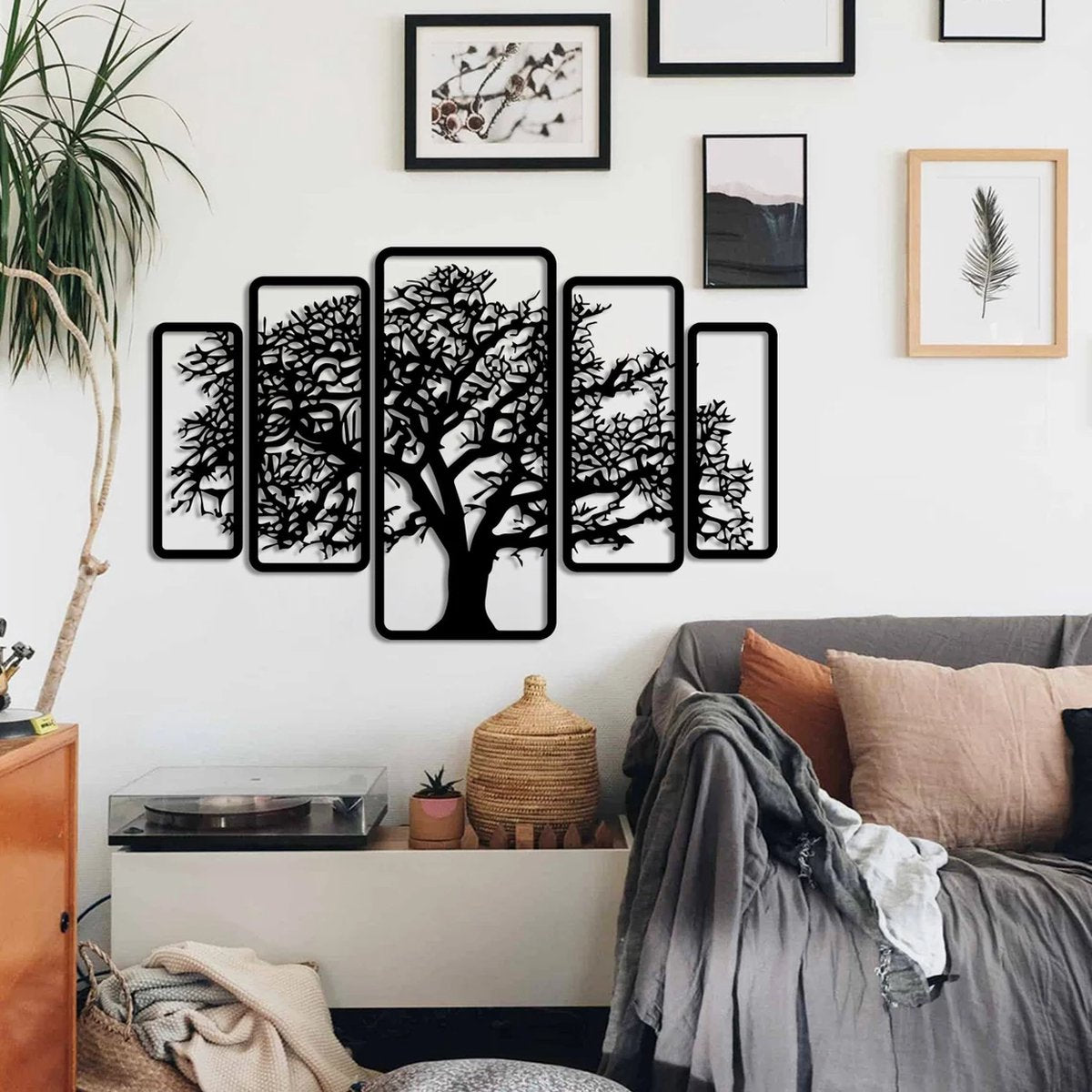 5 stuks Levensboom modern deco muurdecoratie - Wanddecoratie - Zwart - Houten art - Muurdecoratie - Line art - Wall art - Bohemian - Wandborden - Woonkamer - 105x67 cm - kerst - kerstcadeau - wanddecoratie woonkamer - kerstgeschenk