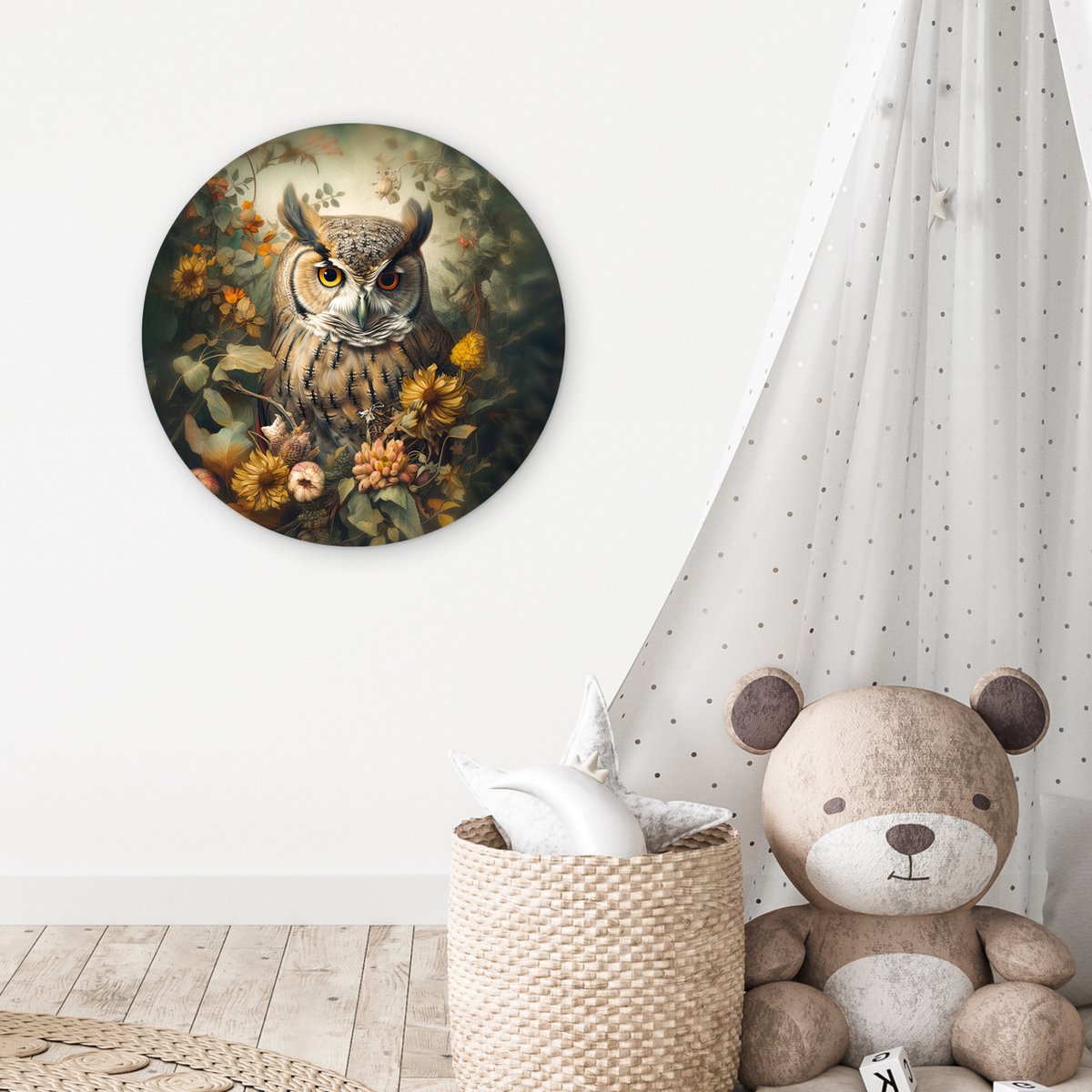 WallCircle® Wandcirkel 60x60 cm - Muurcirkel Uil - Vogels - Bloemen - Natuur - Portret - Dieren - Muurdecoratie woonkamer - Wanddecoratie slaapkamer - Kamer decoratie accessoires - Ronde schilderijen - Woonaccessoires cirkel binnen