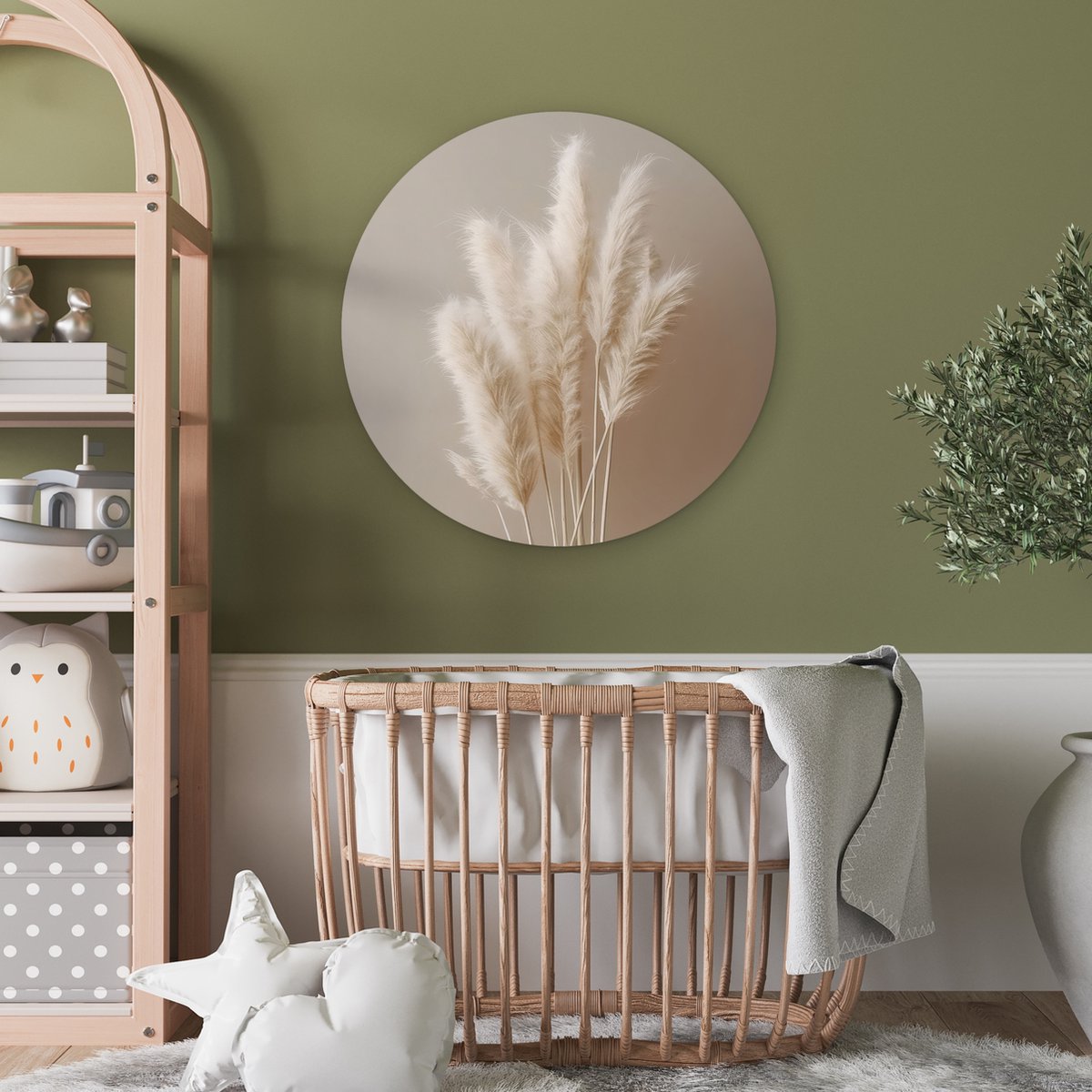 WallCircle® Wandcirkel 60x60 cm - Muurcirkel Pampasgras - Pluimen - Planten - Pastel - Aardtonen - Muurdecoratie cirkel woonkamer - Wanddecoratie slaapkamer - Kamer decoratie accessoires - Ronde schilderijen binnen - Woonaccessoires