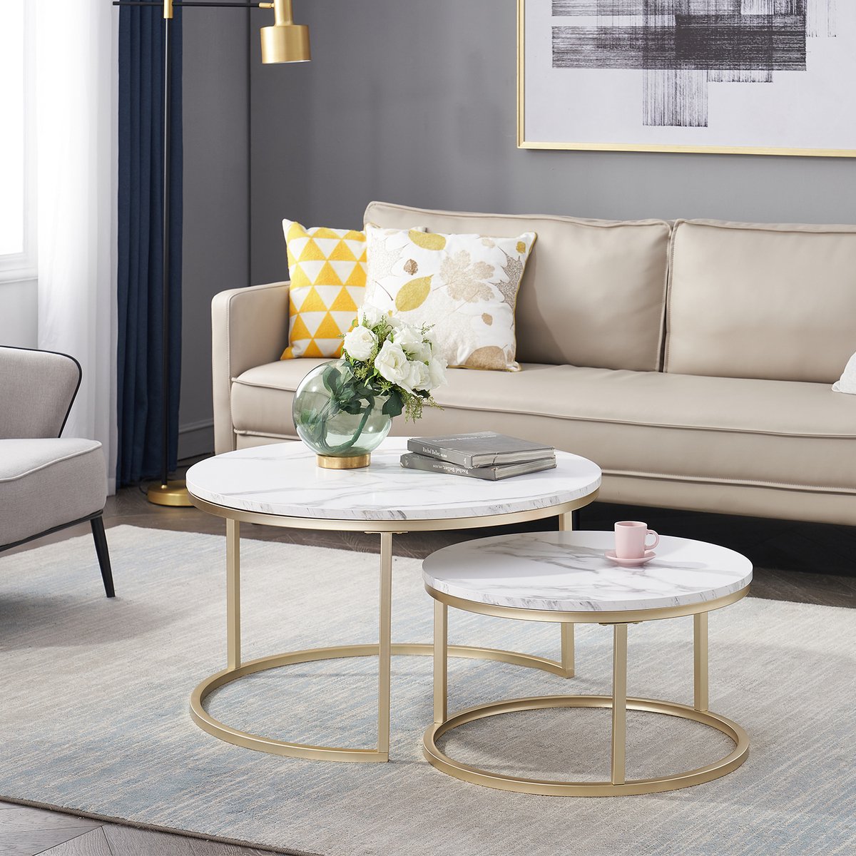 Nique Ronde Salontafels Wit Marmer set van 2 – Bijzettafel Goud – Salontafel Rond MDF Marmerlook Ø80 & Ø60cm