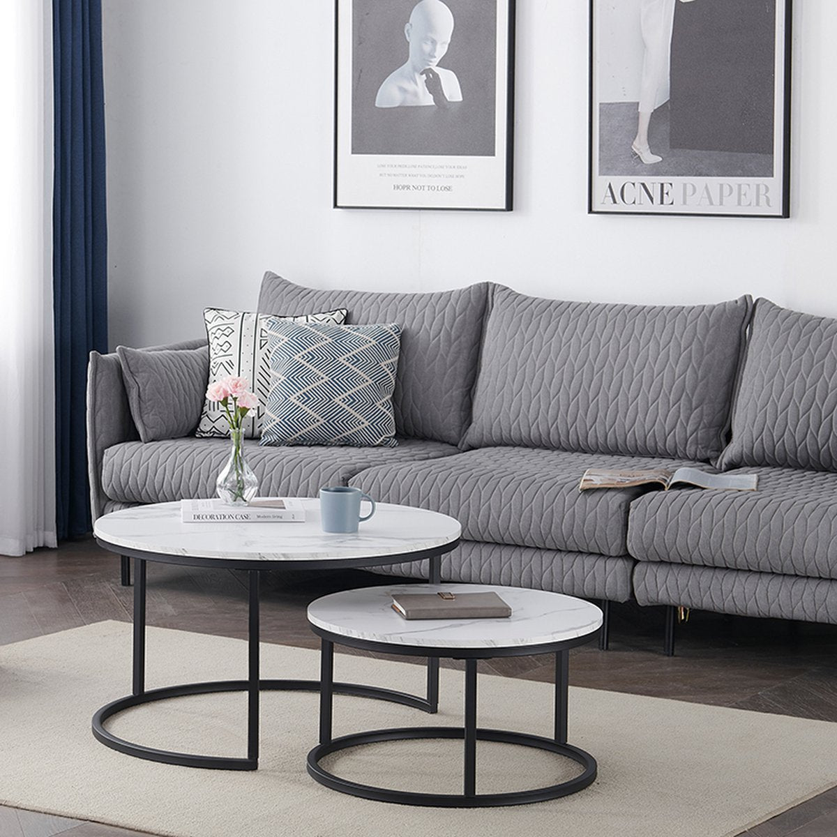 Moderne Salontafel - Set van 2 - Koffietafel - Bijzettafel - 2 Stuks - Ronde Salontafel - Wit - Marmer look - 80 en 60 cm