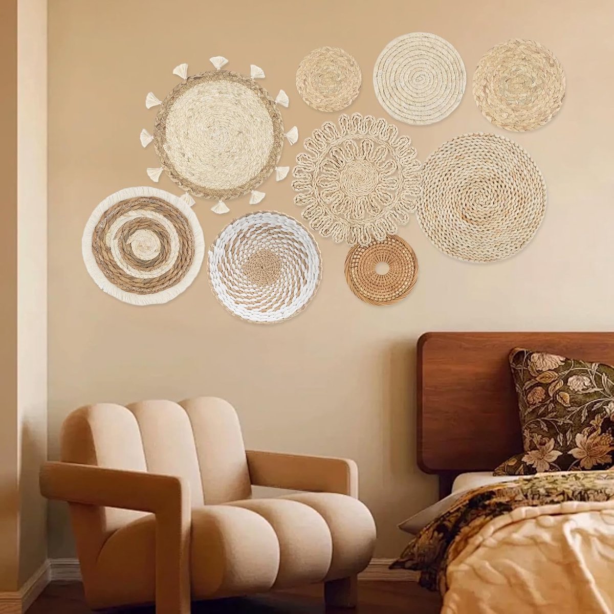 Boho rotan bloemenmandje wanddecoratie (bruin-B)