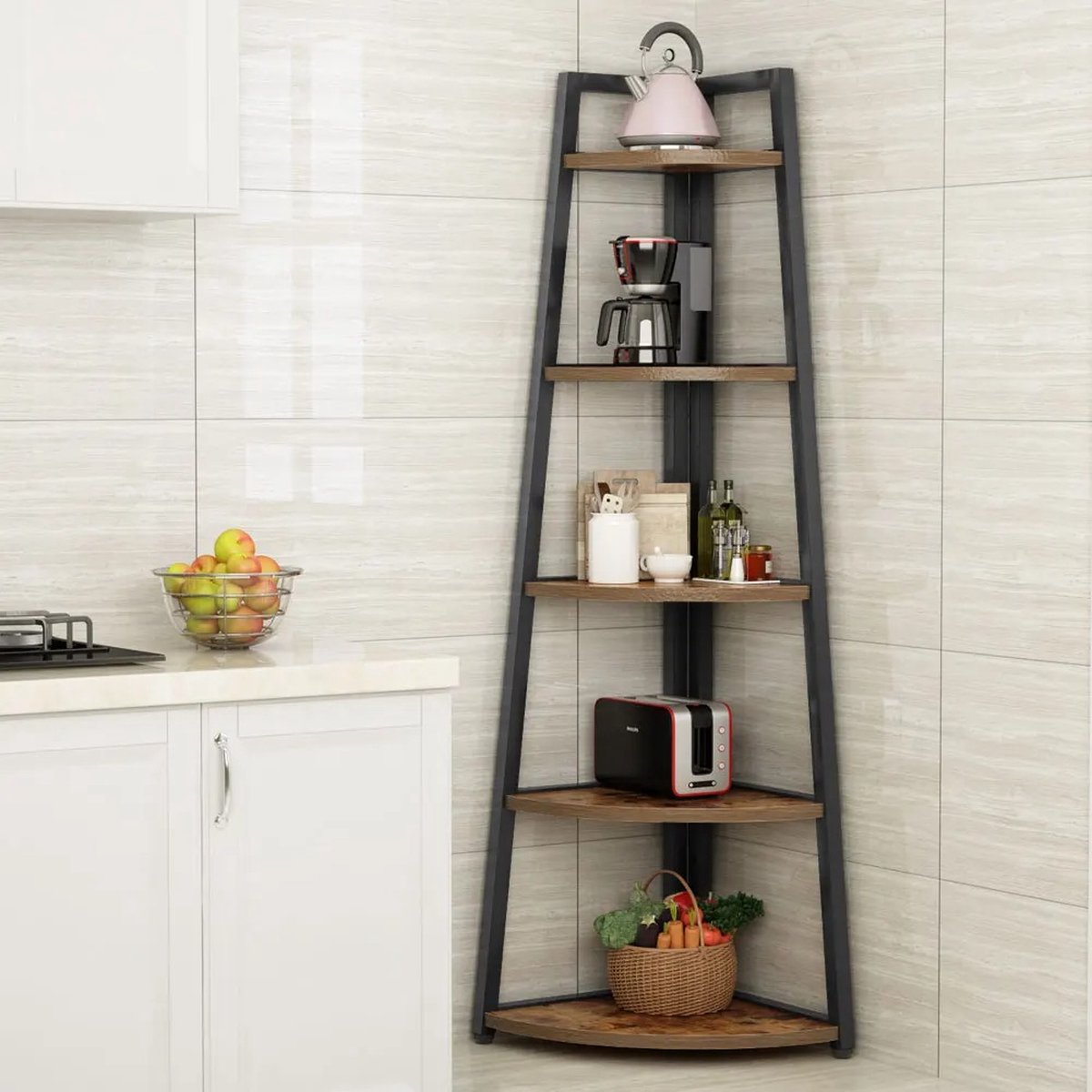 Boekenkast - Hoekmodel - Boekenrek - Boekenplanken - Metalen Frame - 5 Houten planken - Opbergplanken - B 65,91cm x D 24,99cm x H 179,58cm