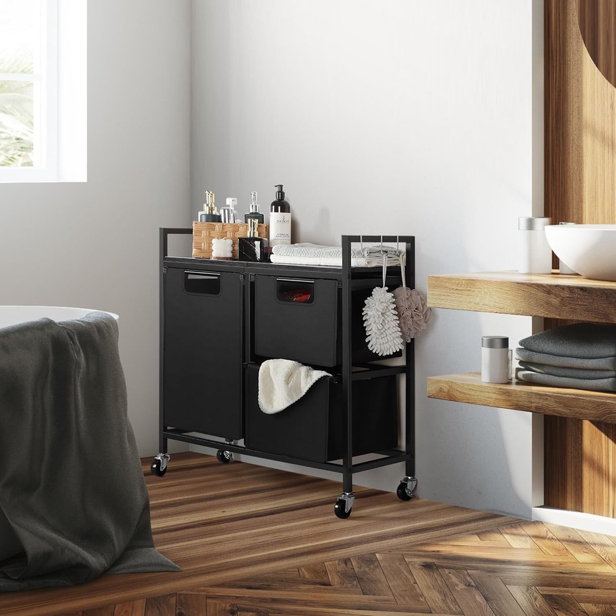Laundry basket with 3 compartments and shelf, rustic Oxford fabric laundry bag, pull-out and removable sorting of clothes, laundry baskets with wooden plate and wheels, black