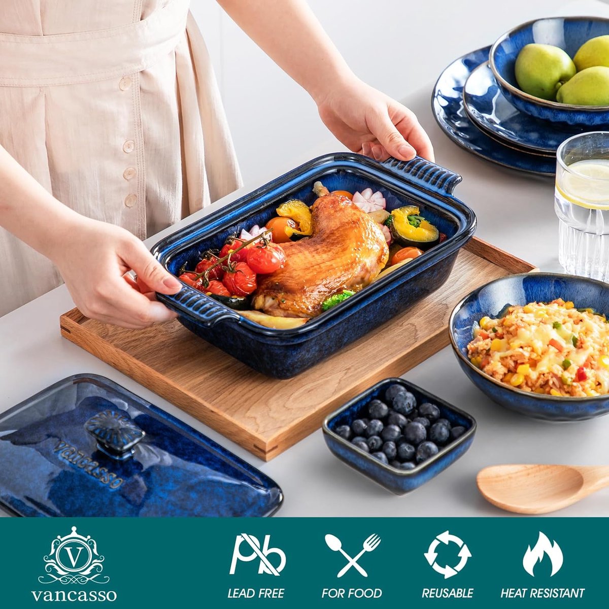 Braadpan met deksel, STARRY broodovenschaal van steengoed, vierkante lasagneschaal, ovenschaal voor brood, lasagne, pizzakoekjes, magnetron, oven, vaatwasmachinebestendig