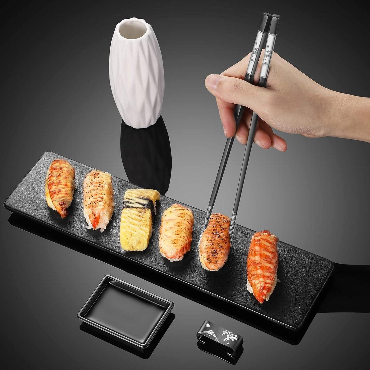 Reusable metal chopsticks - set of 2 pairs titanium plated stainless steel - dishwasher safe - non-slip - Japanese style - laser engraved - with holder - gift set Chopsticks